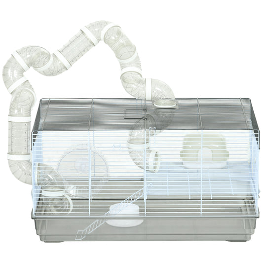PawHut Hamster Cage, 2 Levels Gerbil Cage, Small Animal Cage for Dwarf Hamster with Tubes and Tunnels, Exercise Wheel, Food Dish, Water Bottle, Ramp, 23" x 13" x 12", Gray