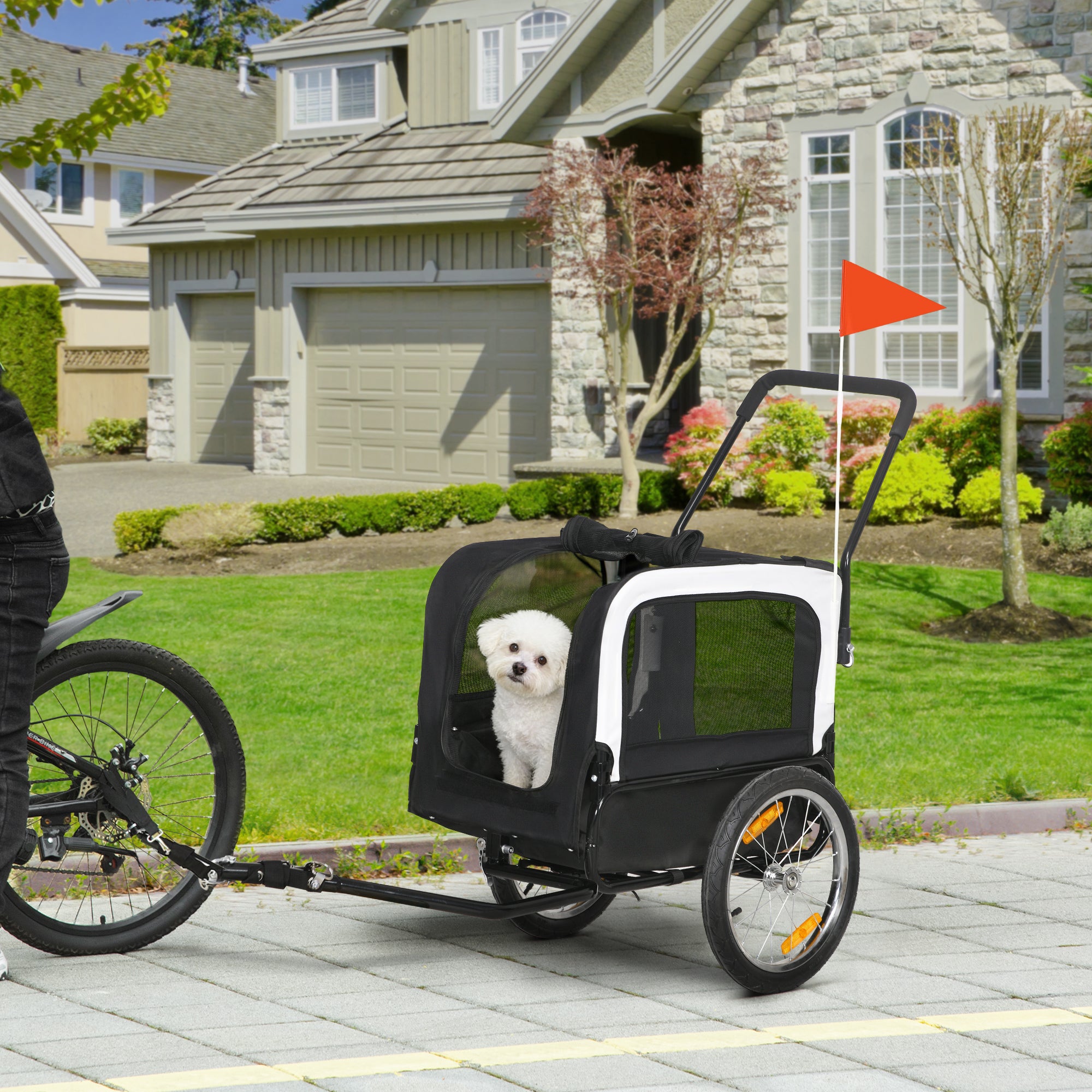 2 in 1 Dog Bike Trailer, Pet Cargo, Pet House with Safety Leash, Hitch, Quick-Release Wheels, Flag, Reflectors, Cushion, Dog Wagon for Small Dogs, Grey