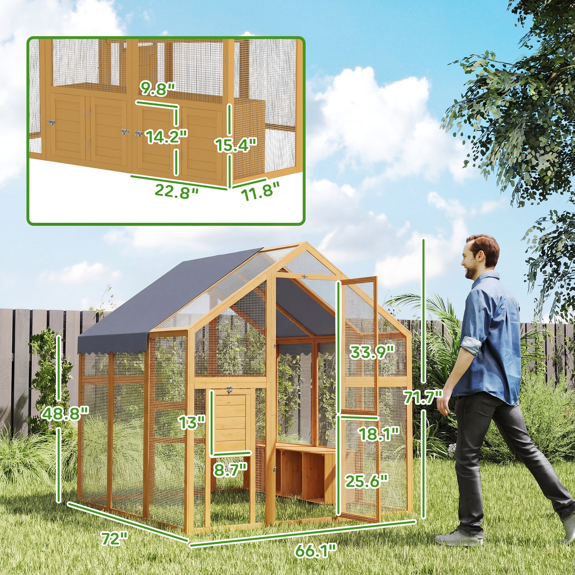 Large Wooden Chicken Coop for 6-8 Hens, Walk-in Chicken Run with Waterproof Cover, Nesting Boxes and Perches, Outdoor Poultry Cage Rabbit Hutch for Backyard, 66" x 72" x 72", Yellow