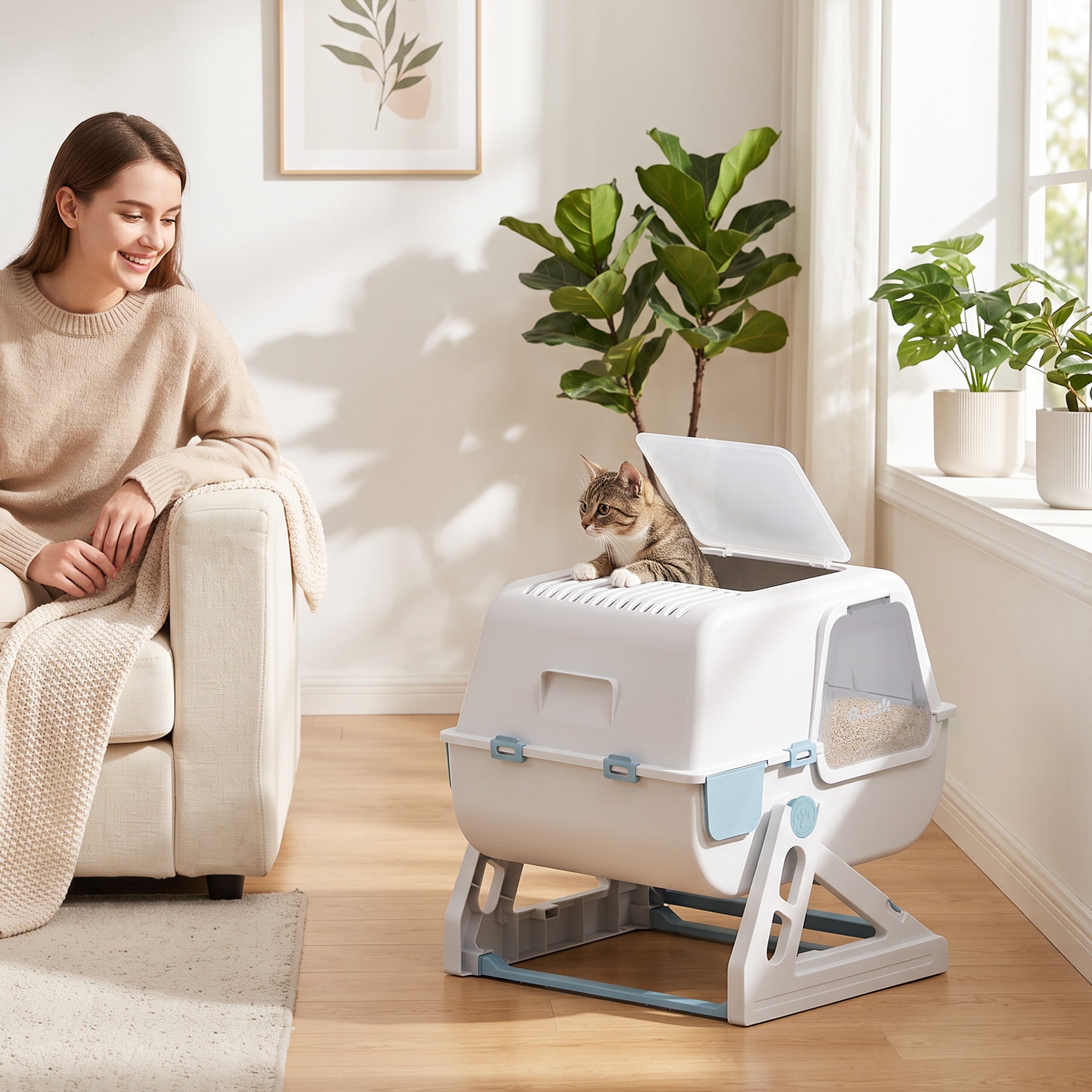 Cat Litter Box with Lid, Enclosed Cat Litter Box with Deodorization Bag & Drawer Pan, High Sides & Flip-to-Clean, Multi-Entry Design, Odor Control, Light Blue