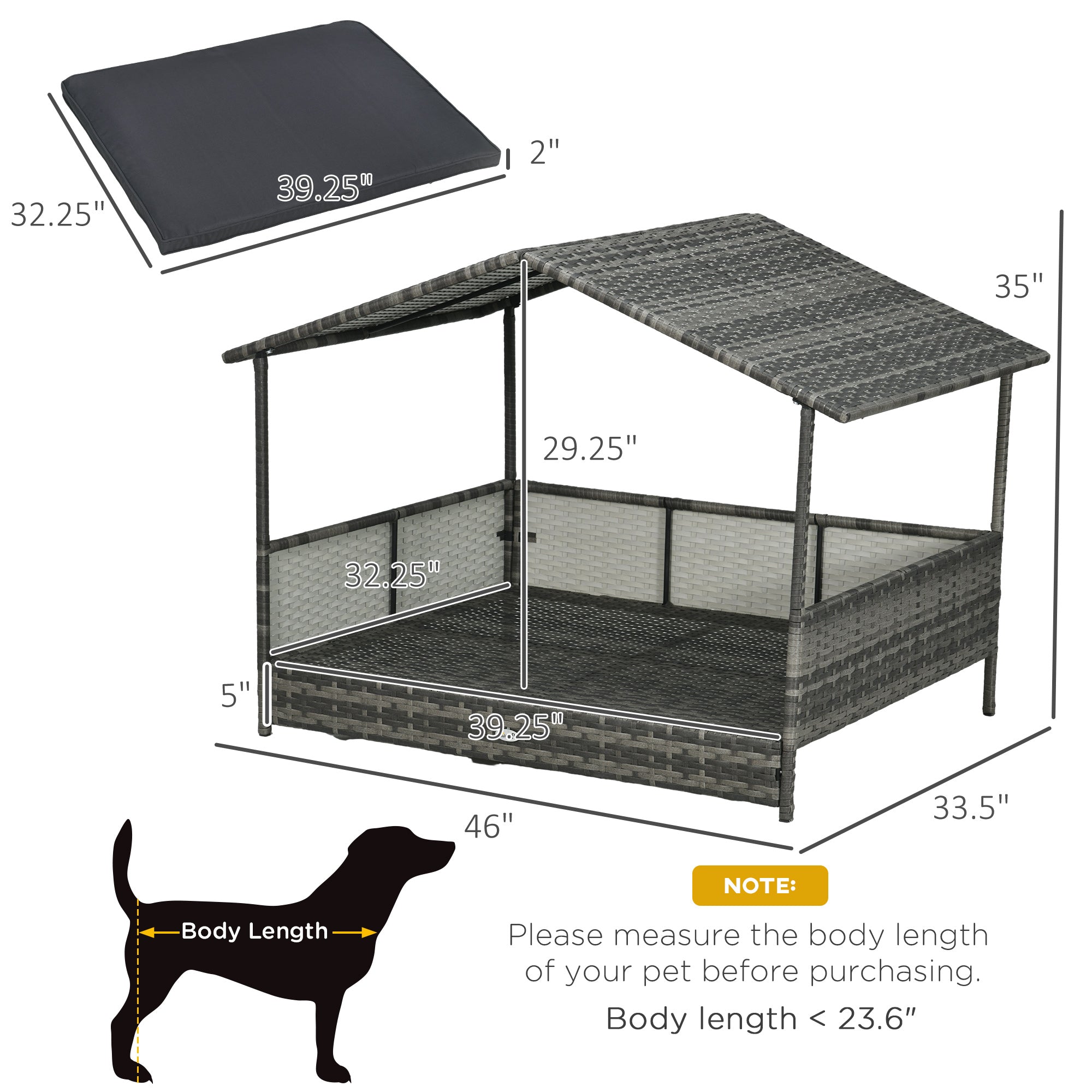 PawHut Outdoor Wicker Dog House with Canopy, Rattan Dog Bed with Soft Cushion Removable Cover for Medium and Large Dogs, Dark Gray