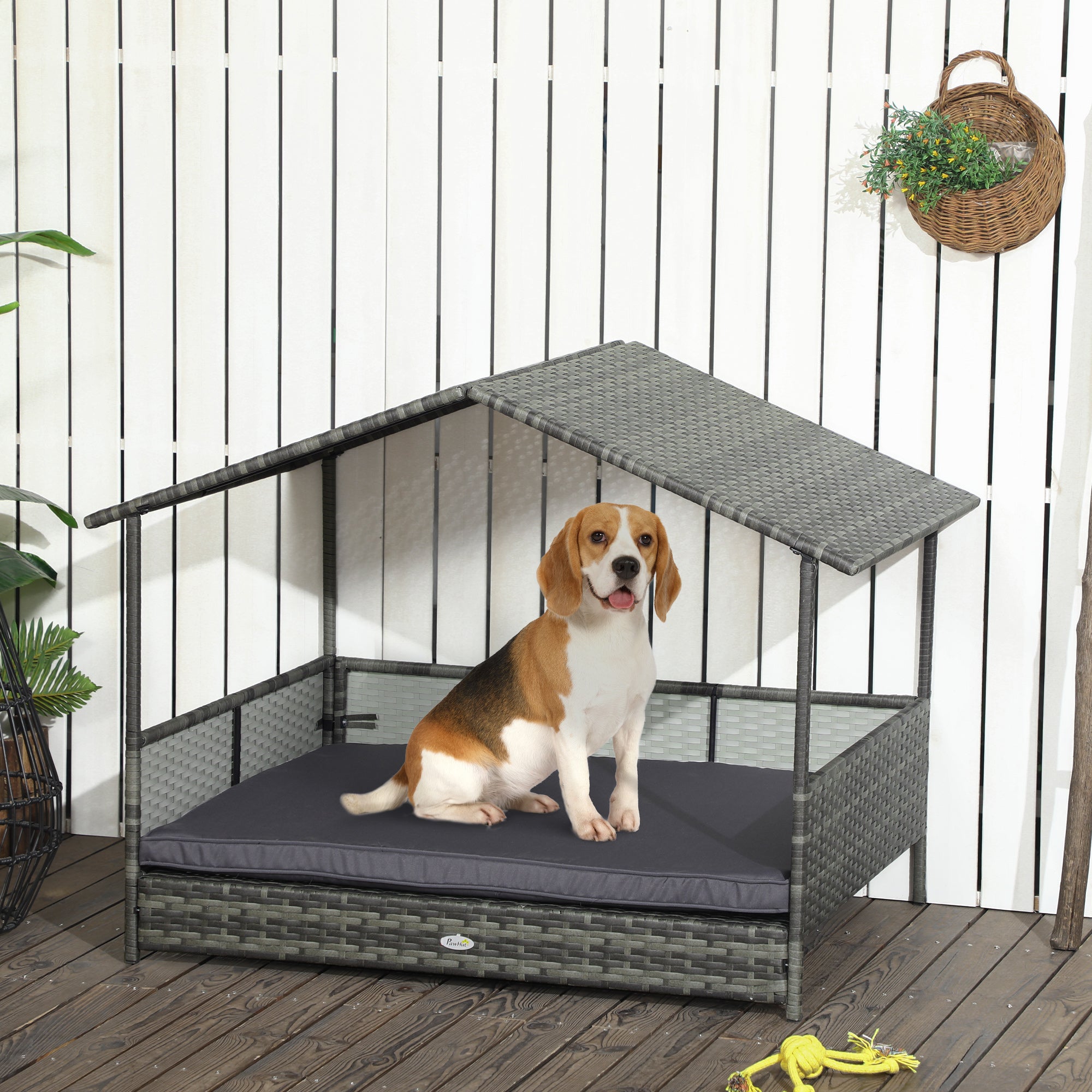 PawHut Outdoor Wicker Dog House with Canopy, Rattan Dog Bed with Soft Cushion Removable Cover for Medium and Large Dogs, Dark Gray