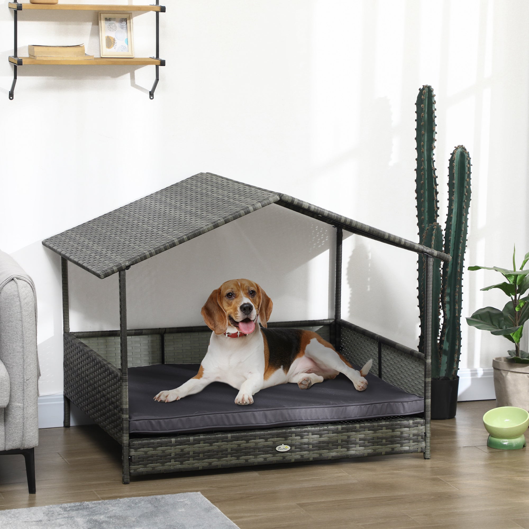 PawHut Outdoor Wicker Dog House with Canopy, Rattan Dog Bed with Soft Cushion Removable Cover for Medium and Large Dogs, Dark Gray