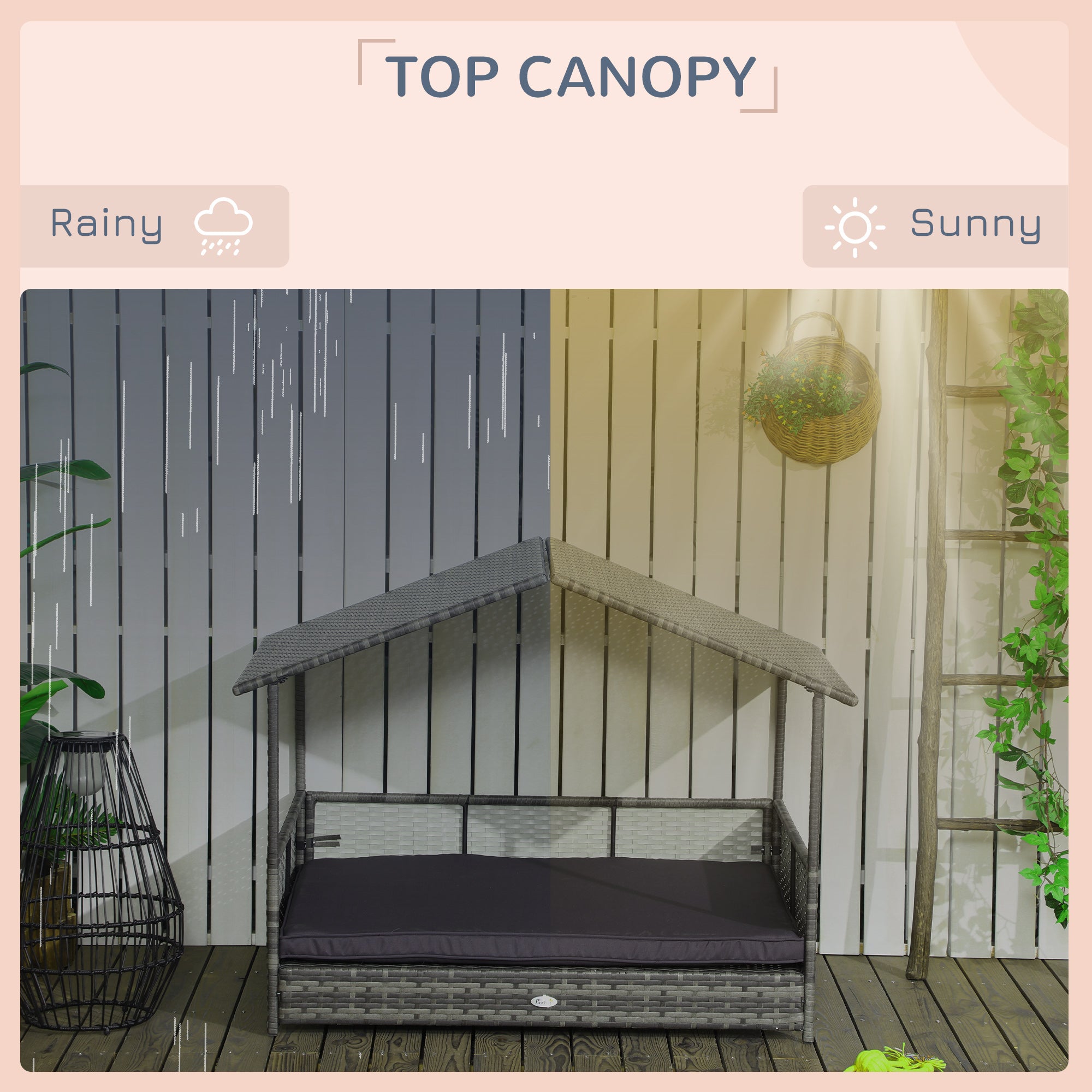 PawHut Outdoor Wicker Dog House with Canopy, Rattan Dog Bed with Soft Cushion Removable Cover for Medium and Large Dogs, Dark Gray