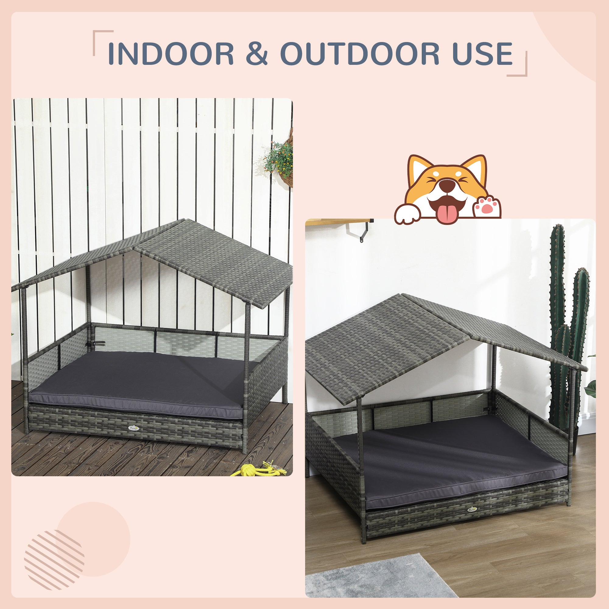 PawHut Outdoor Wicker Dog House with Canopy, Rattan Dog Bed with Soft Cushion Removable Cover for Medium and Large Dogs, Dark Gray