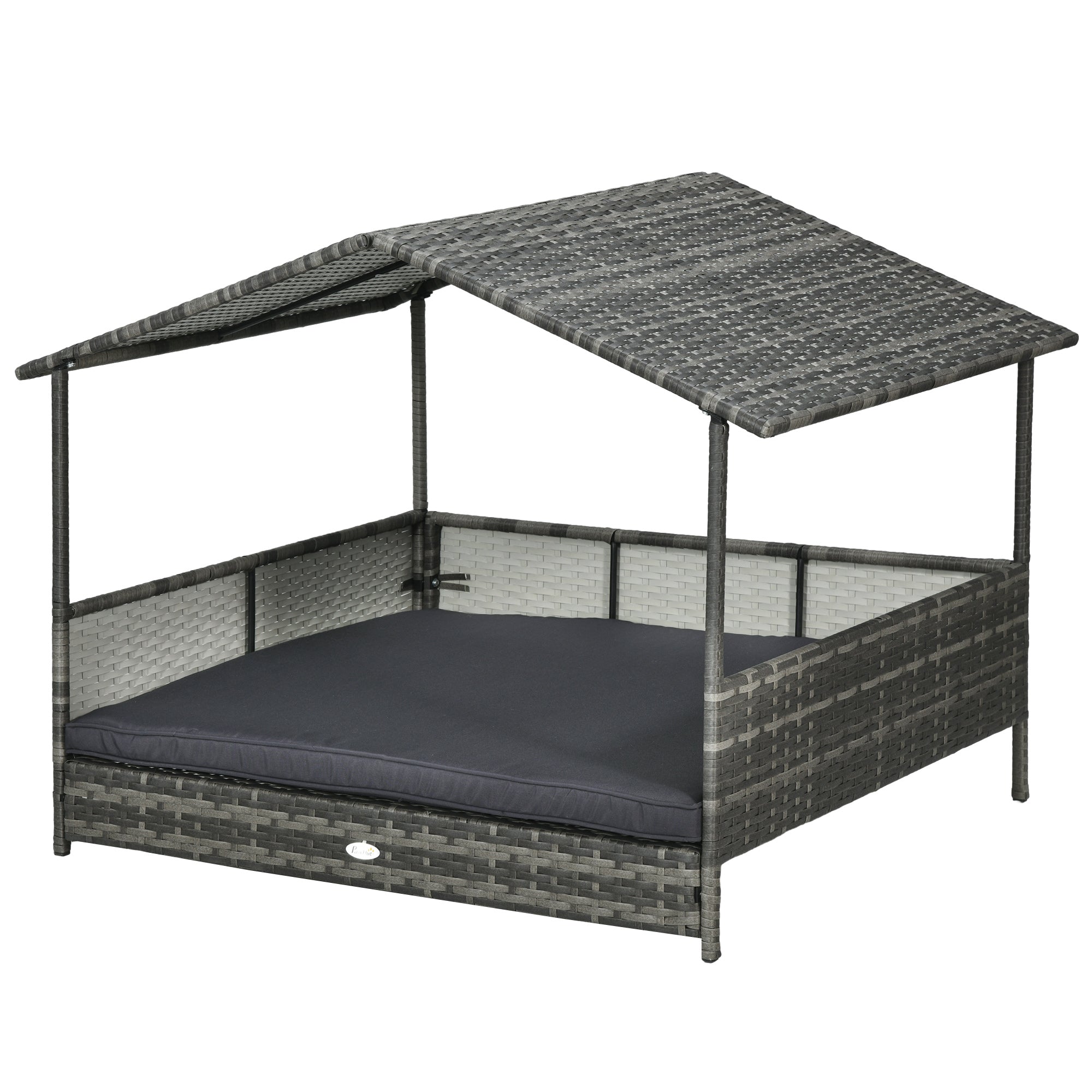PawHut Outdoor Wicker Dog House with Canopy, Rattan Dog Bed with Soft Cushion Removable Cover for Medium and Large Dogs, Dark Gray