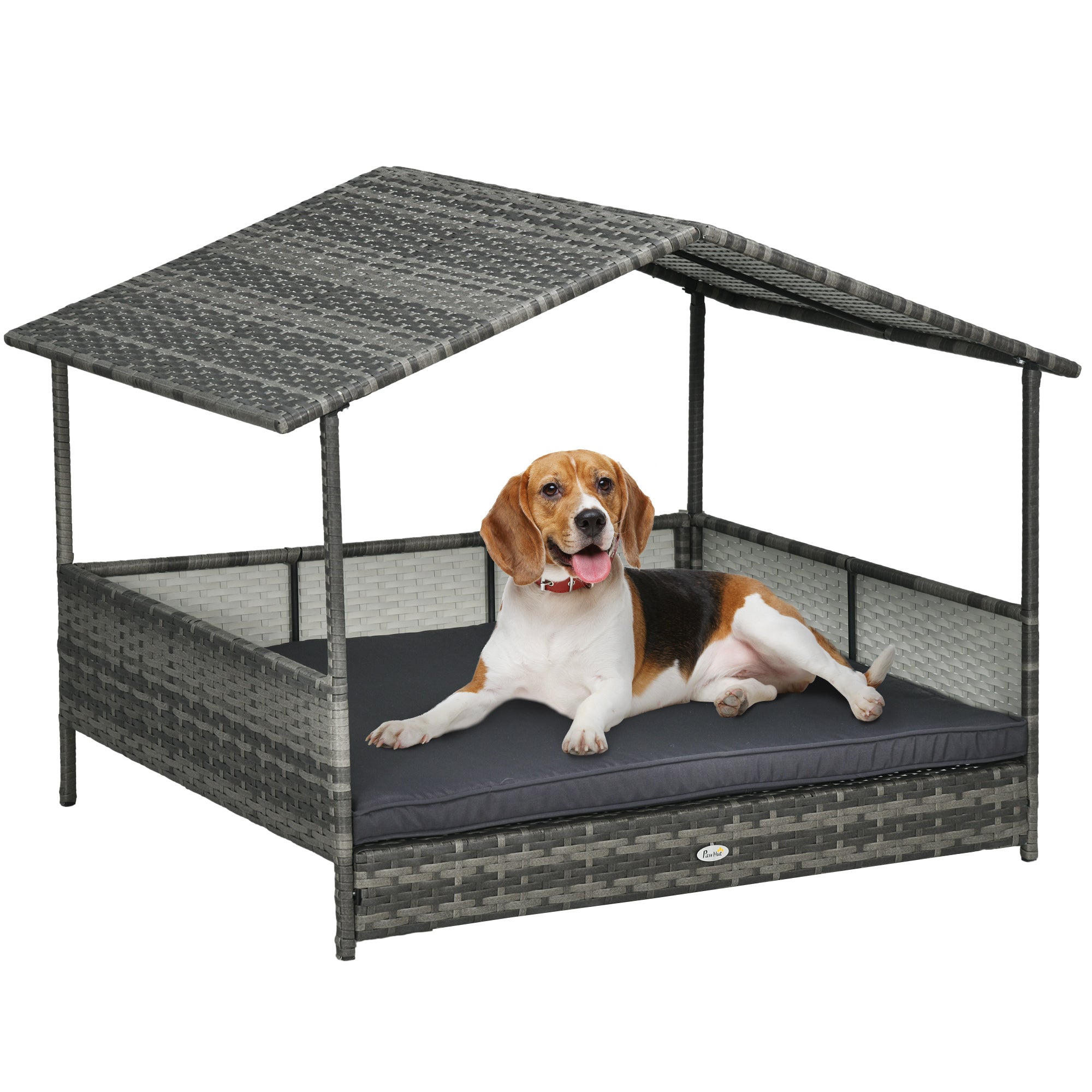 PawHut Outdoor Wicker Dog House with Canopy, Rattan Dog Bed with Soft Cushion Removable Cover for Medium and Large Dogs, Dark Gray