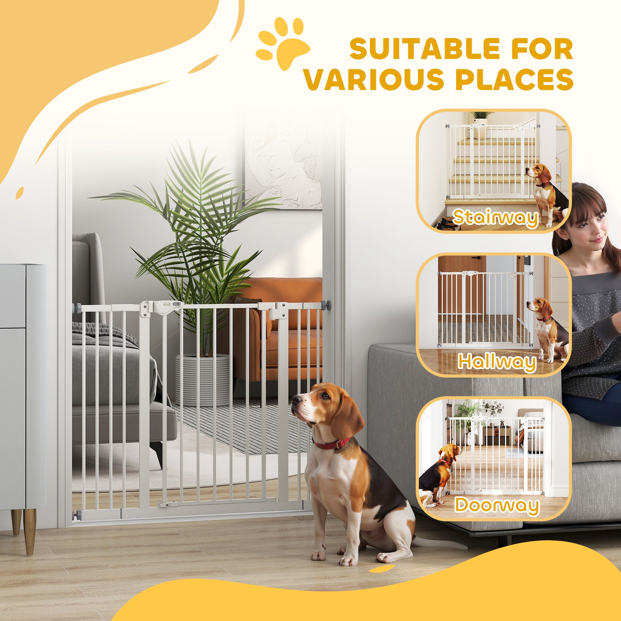 29"-39" Wide Pet Gate with Door Dog Gate and Barrier Indoor for Stairs, 30 Inch Tall Pressure-Mounted Safety Gate, White