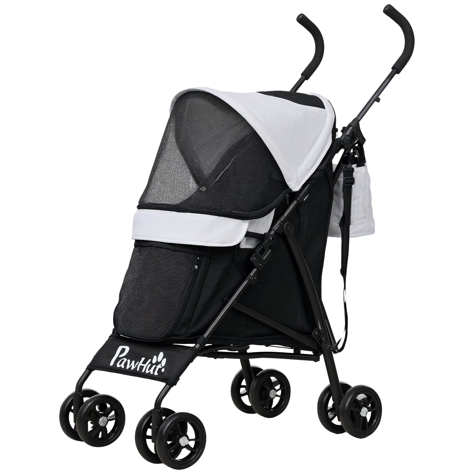 Pet stroller for Miniature Dogs, Foldable Dog Stroller with Shoulder Strap, 4 Wheels Pet Pram with Storage Bag, Cup Holder, Light Grey