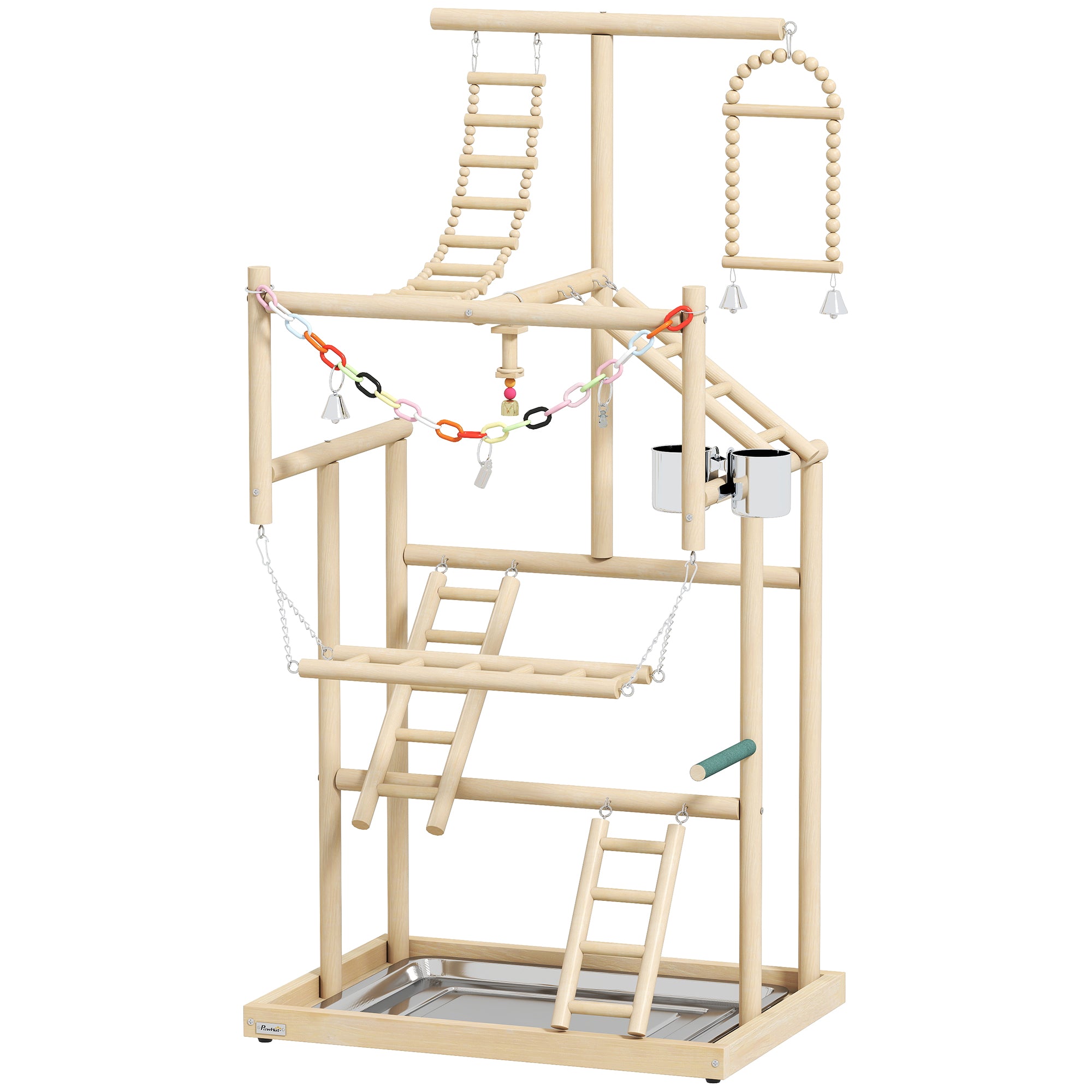 Parrot Play Stand, 95 cm Wooden Bird Playground with Ladders, Chain Toy, Stainless Steel Cups and Tray, Bird Cage Accessories for Parakeets, Cockatiels, Finches, Lovebirds, Budgie