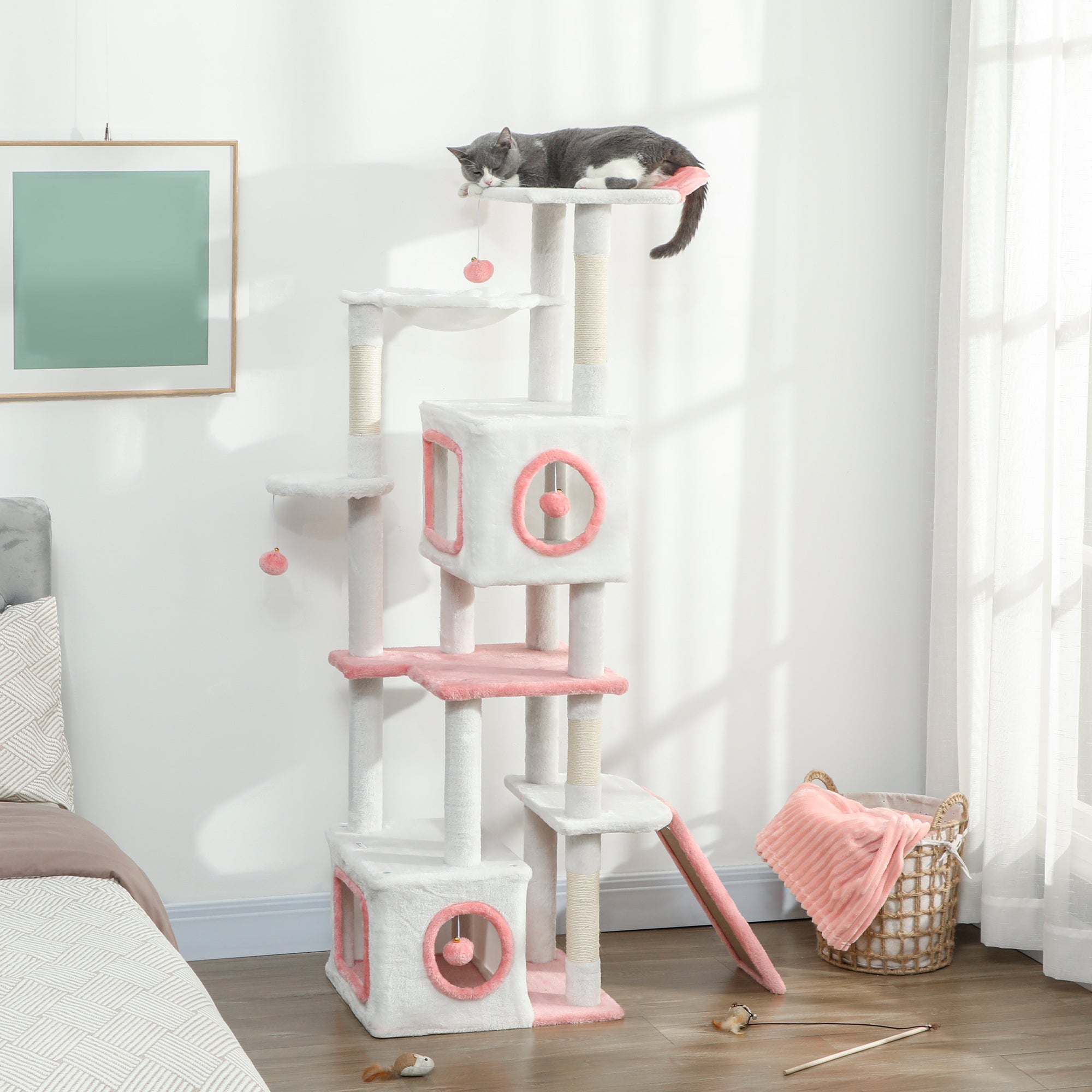 Cat Tree for Indoor Large Adult Cats, 65 Inch Kitty Tower Multi-Level with 2 Doors Condos, Plush Top Perch, Hammock, Sisal Scratching Posts, 4 Pompoms, Ramp, White