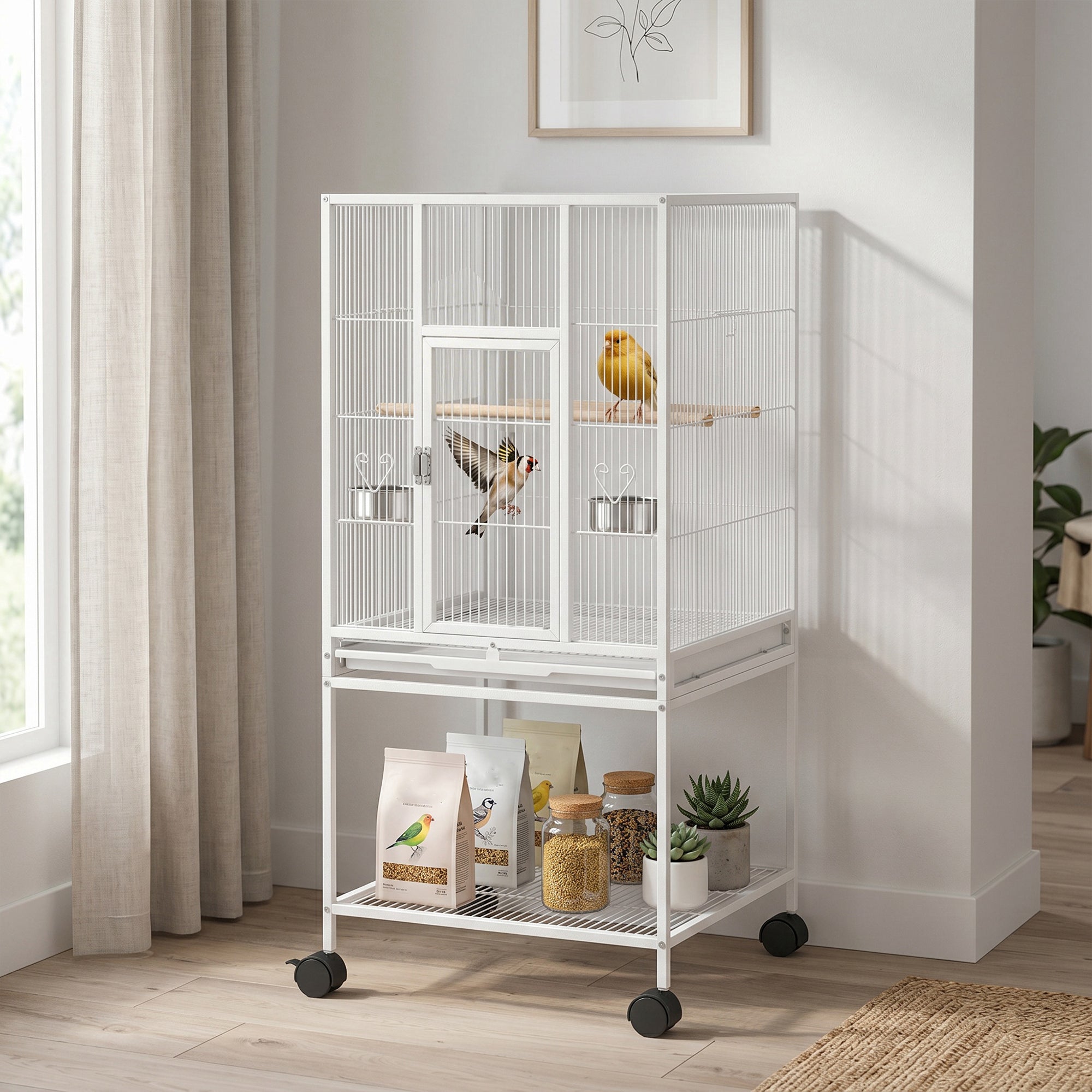 Detachable Bird Cage on Wheels, for Finches, Parakeets, Budgies, Budgie Cage, Parrot Aviary with Accessories, Storage Shelf - White