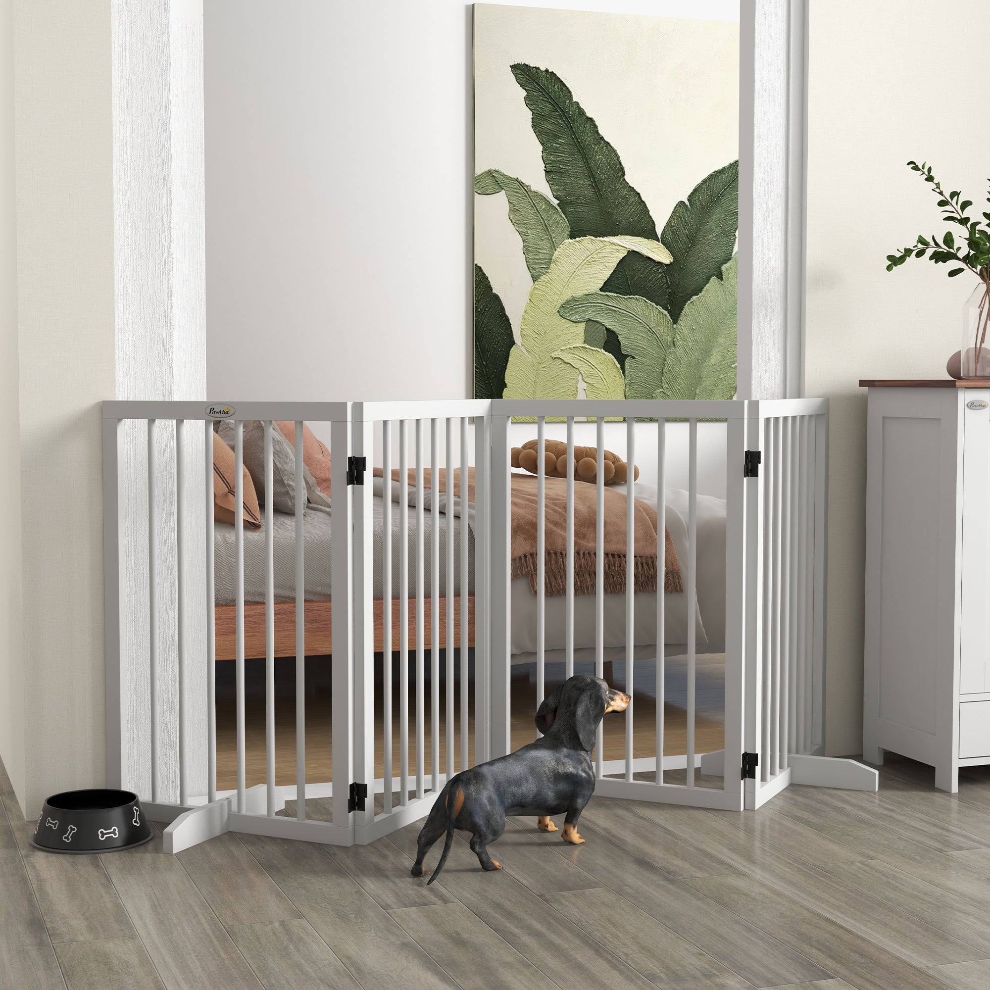 Free Standing Pet Gate, Foldable Dog Gates with 2 Support Feet, 4 Panels for Doorway Stairs, 30" High Wooden Pet Fence for Small Medium Dogs, Indoor Use, White