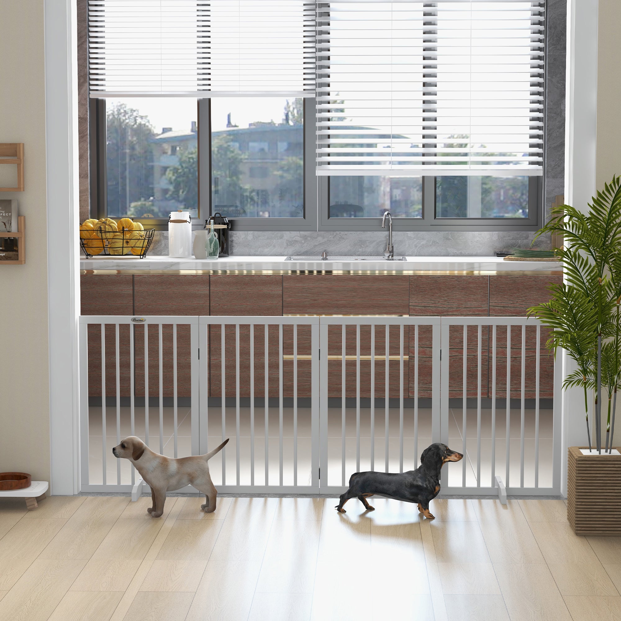 Free Standing Pet Gate, Foldable Dog Gates with 2 Support Feet, 4 Panels for Doorway Stairs, 30" High Wooden Pet Fence for Small Medium Dogs, Indoor Use, White