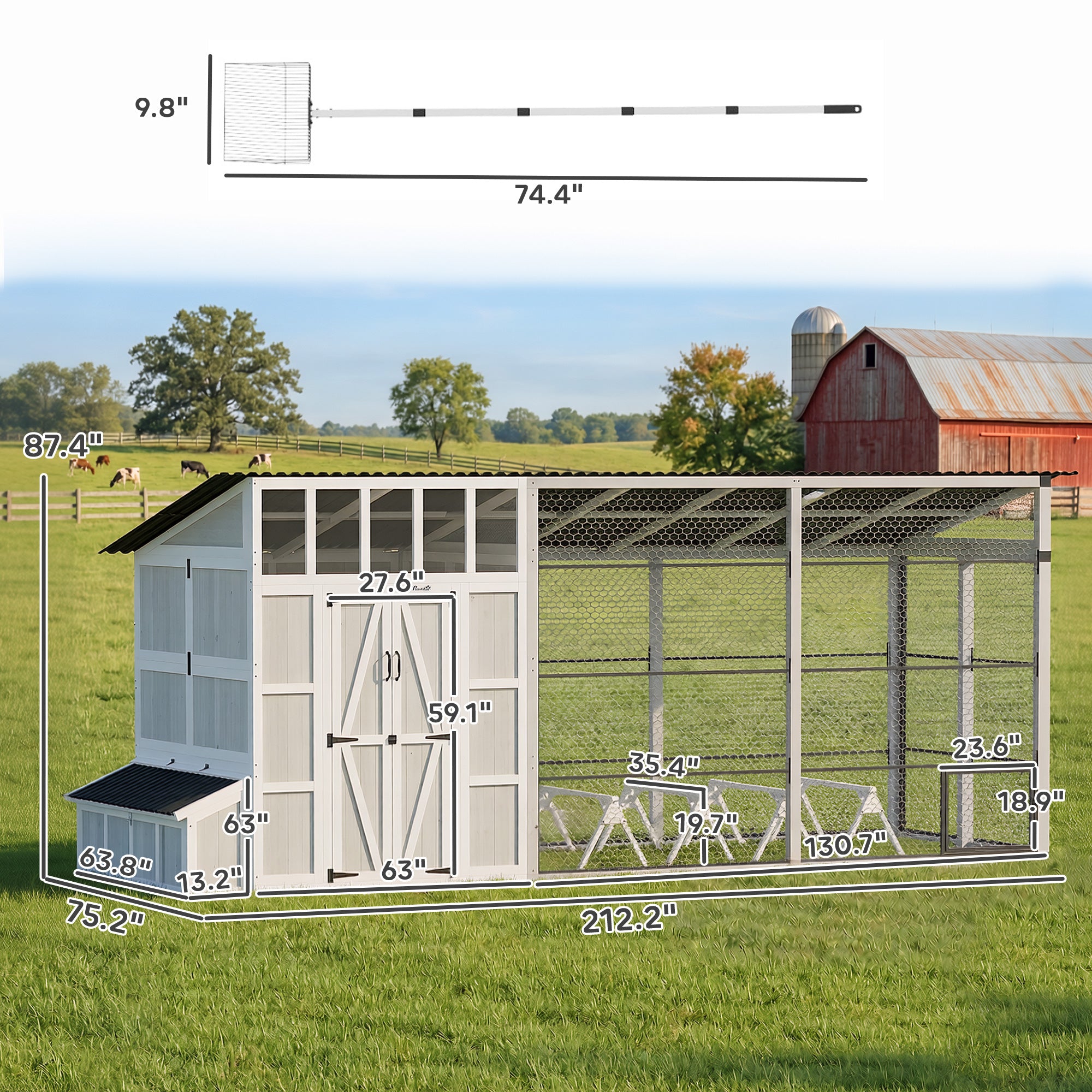 212"L Large Chicken Coop for 10-15 Hens, Walk-in Outdoor Chicken House with Run, Nesting Box, Waterproof Roof, Perches, Wooden Hen House Poultry Cage for Ducks, Rabbits, Light Gray