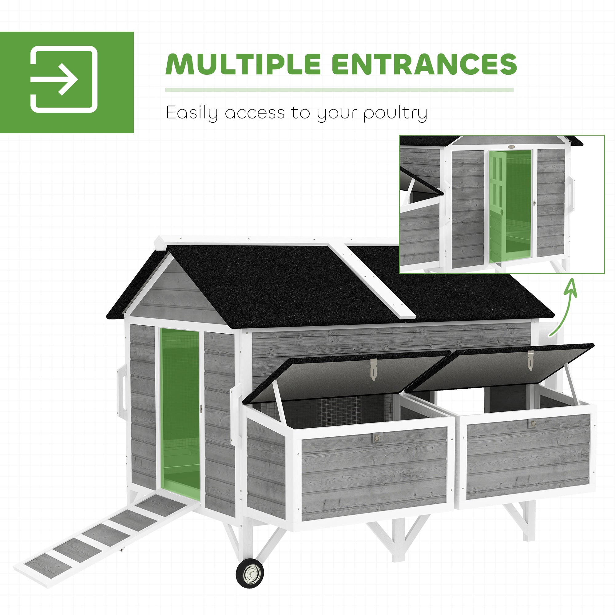59" Wooden Chicken Coop with Wheels and Handles, Mobile Chicken House with 2 Nesting Boxes, 2 Trays, 4 Perches, Chicken Tractor for 4-6 Chickens, Small Animals, Rabbit Hutch for Backyard, Gray