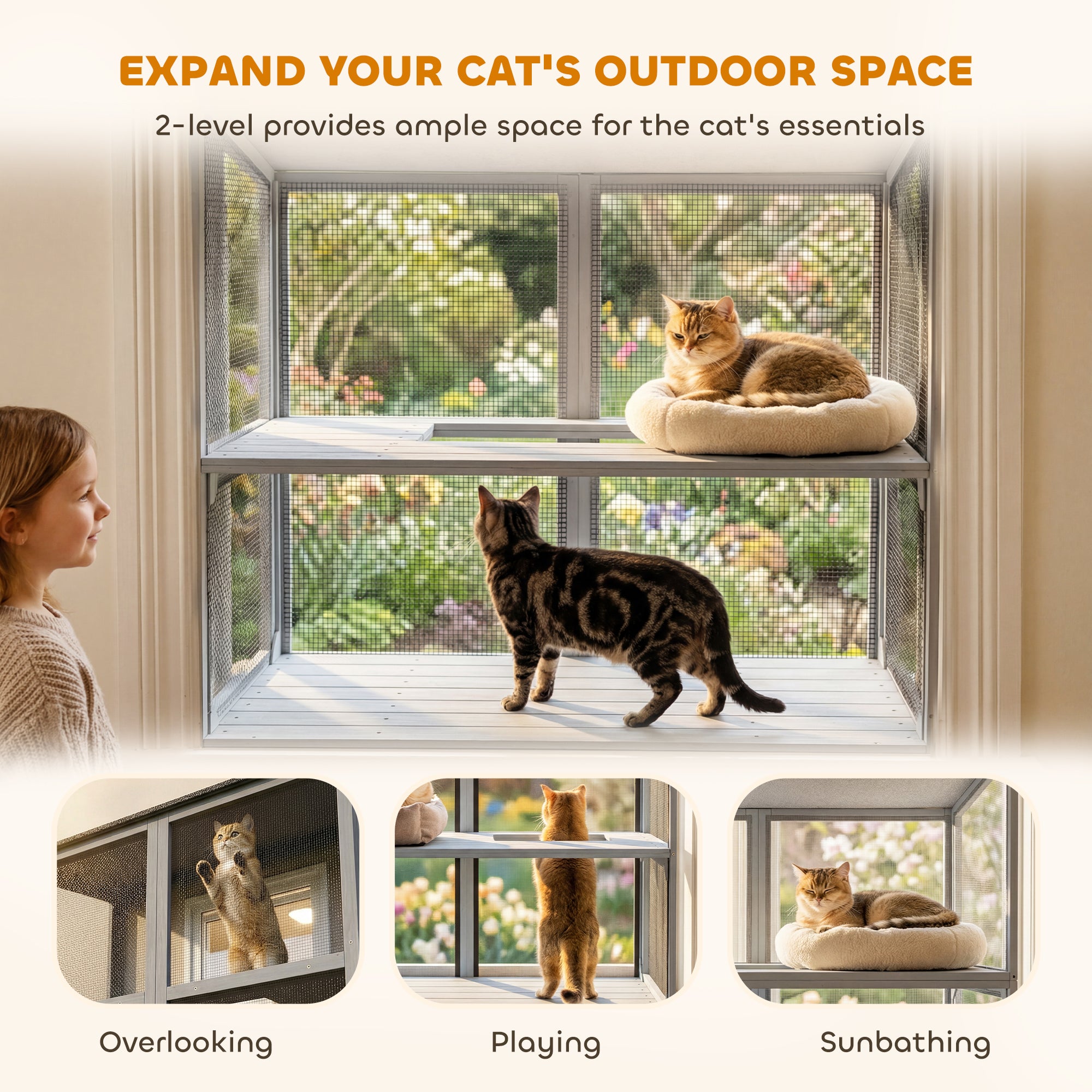 Cat Catio, Expandable Window Box Enclosure for Multiple Indoor Cats, Comfortable Wooden Pet Perch House, All Weather Use, with 2 Doors, for Sunbathing, Napping, Overlooking, 39.4"L