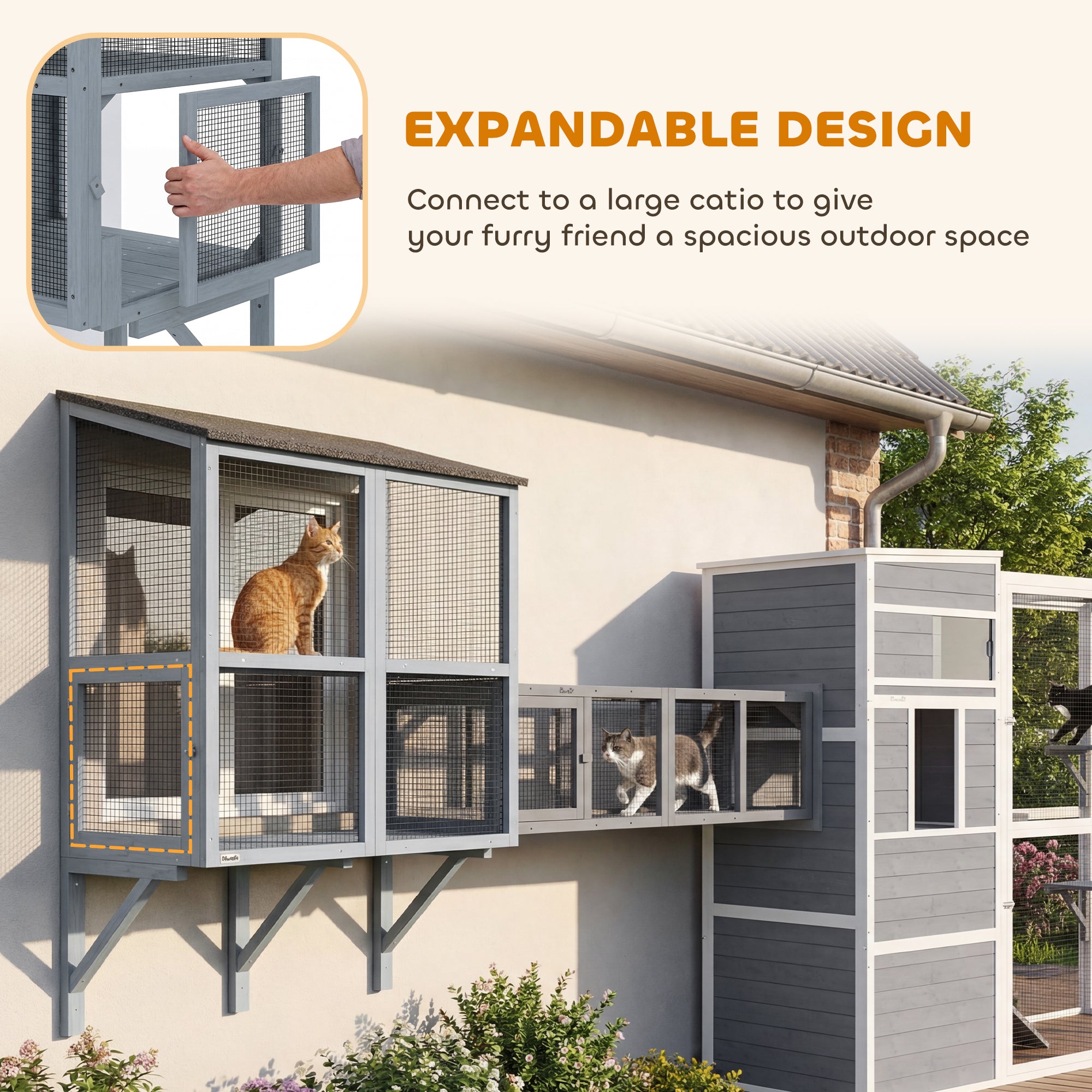 Cat Catio, Expandable Window Box Enclosure for Multiple Indoor Cats, Comfortable Wooden Pet Perch House, All Weather Use, with 2 Doors, for Sunbathing, Napping, Overlooking, 39.4"L