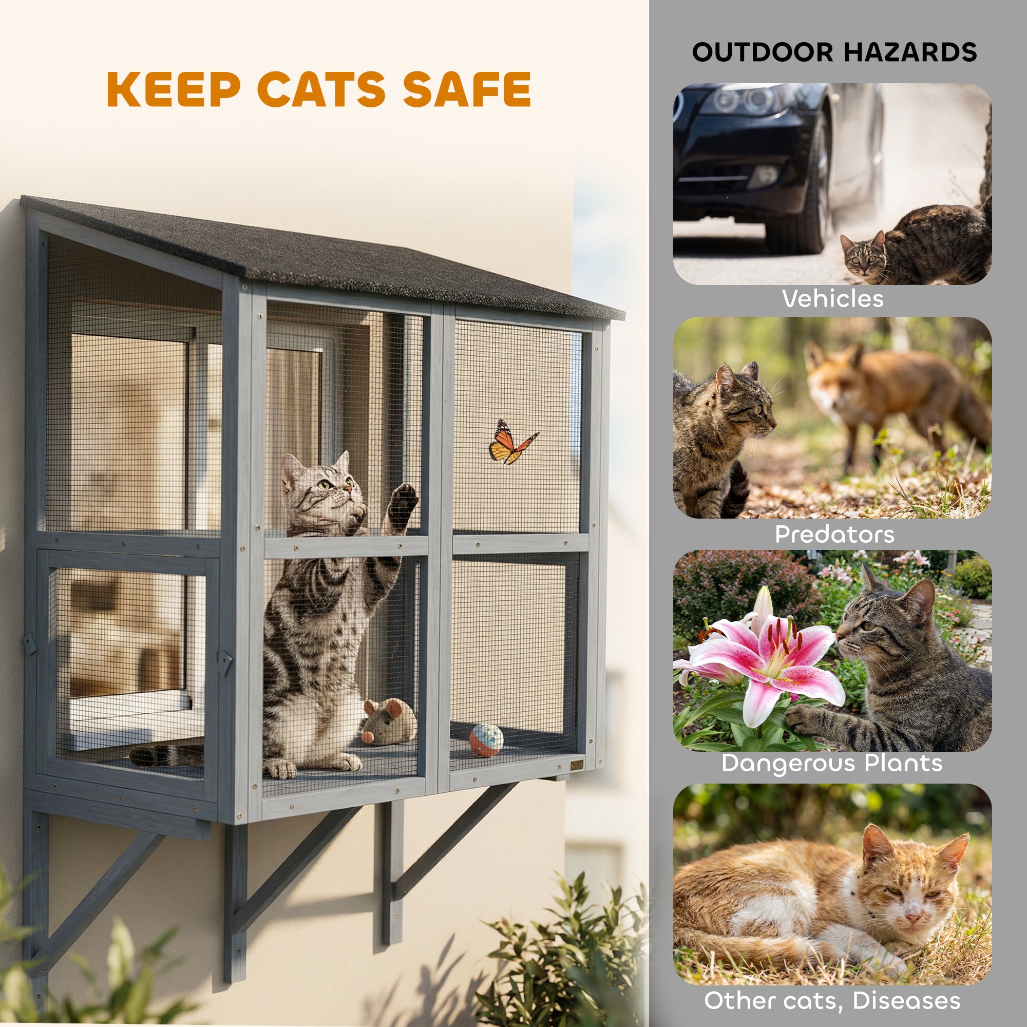 Cat Catio, Expandable Window Box Enclosure for Multiple Indoor Cats, Comfortable Wooden Pet Perch House, All Weather Use, with 2 Doors, for Sunbathing, Napping, Overlooking, 39.4"L
