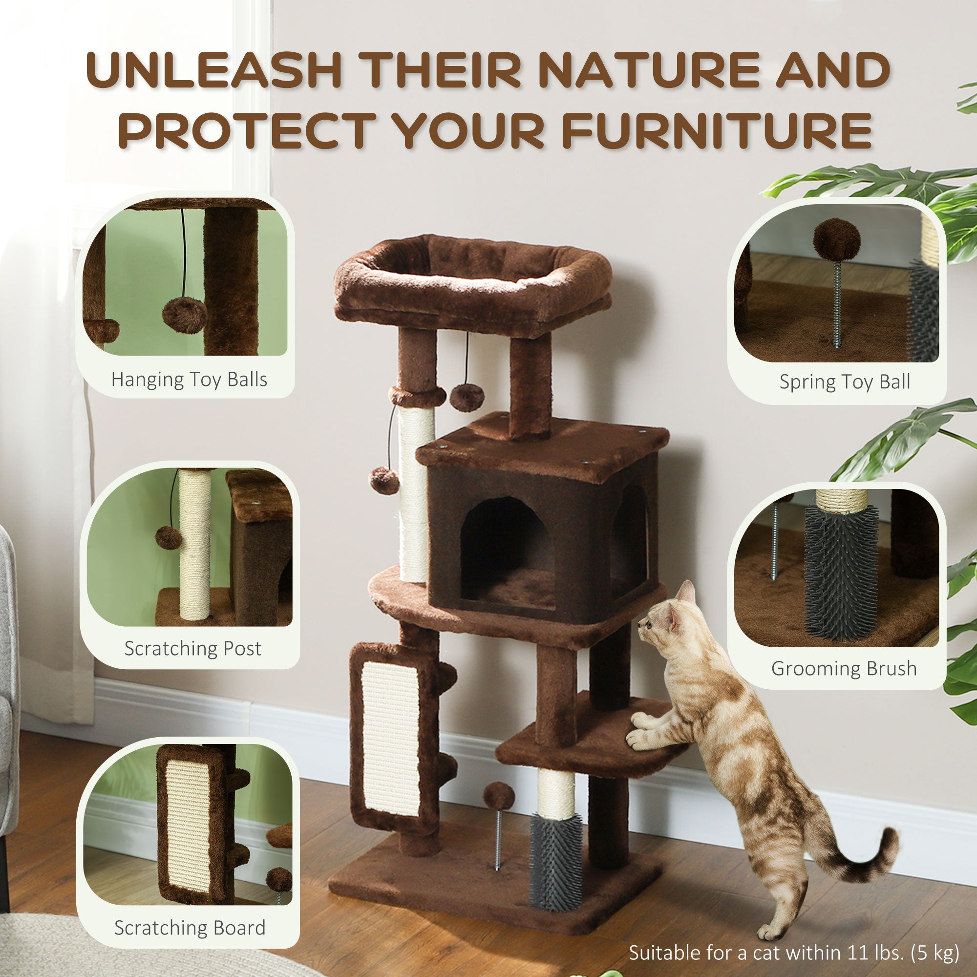 Cat Tree for Large Cat Adults, 41 Inch Cat Tower for Indoor Cats w/ Scratching Posts, Cat Bed, Condo, Grooming Brush, Jumping Platforms, Toy Balls, Anti-tip Kit, Brown