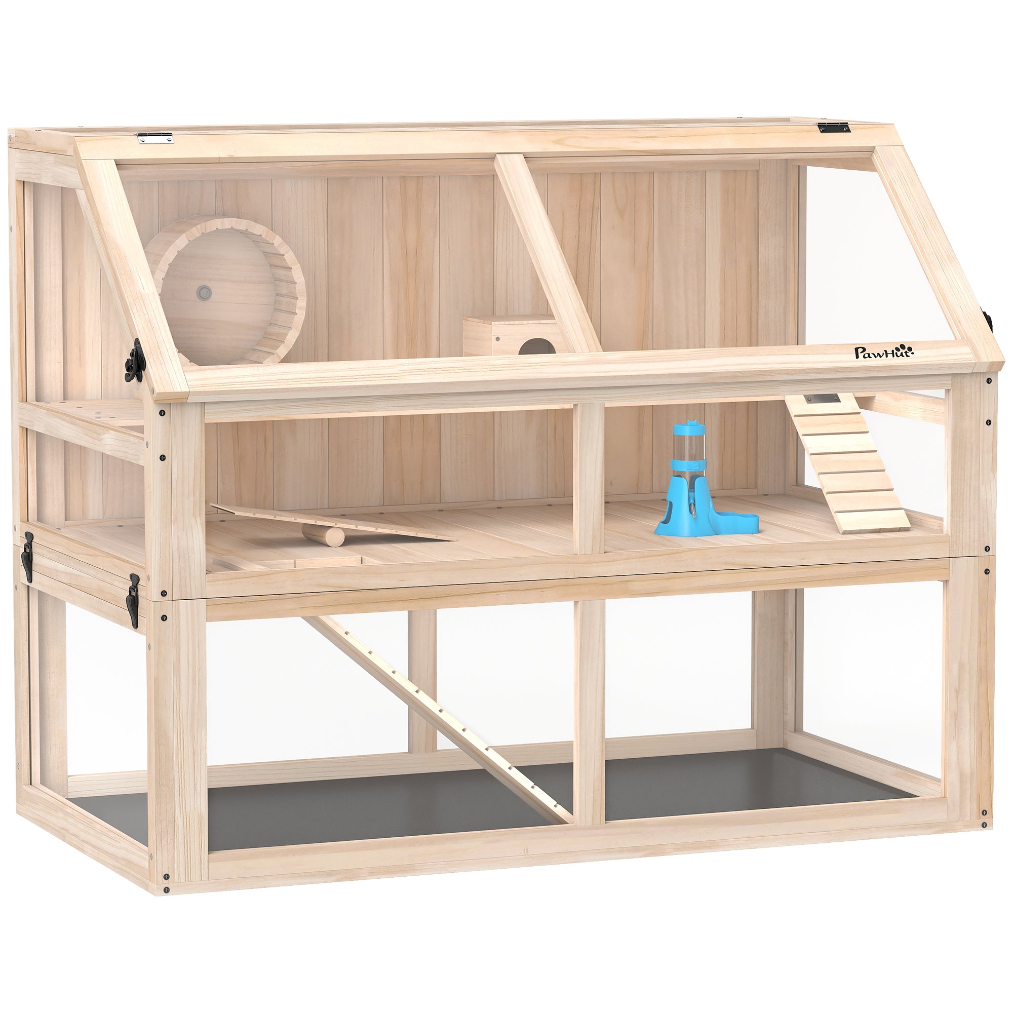 Wooden Hamster Cage, 3 Tier Small Animal Cage with Detachable 12.4" Deep Bottom, Hut, Seesaw, Exercise Wheel, Ramps, Hamster Habitat for Dwarf, Gerbil, 37" x 21" x 30"