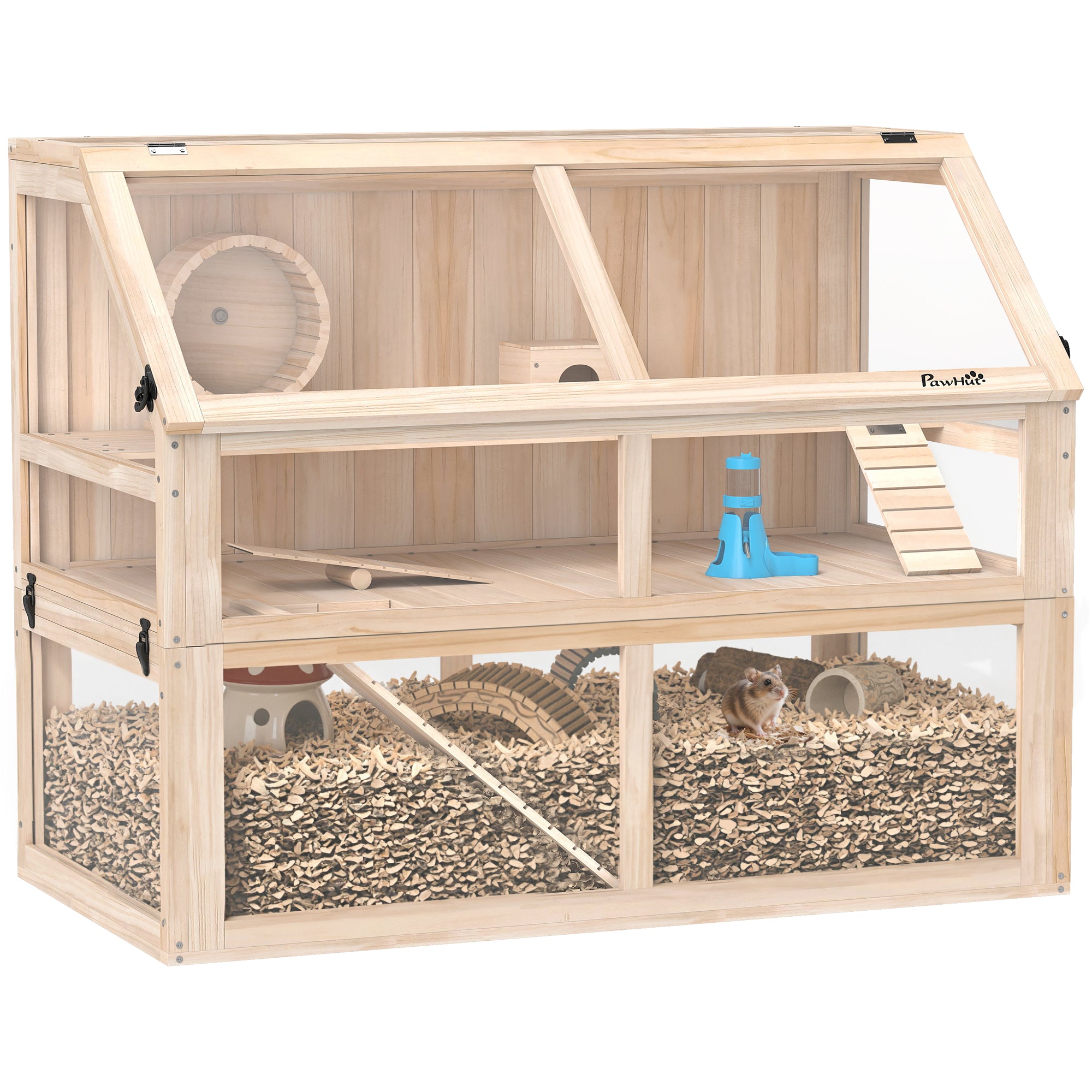 Wooden Hamster Cage, 3 Tier Small Animal Cage with Detachable 12.4" Deep Bottom, Hut, Seesaw, Exercise Wheel, Ramps, Hamster Habitat for Dwarf, Gerbil, 37" x 21" x 30"