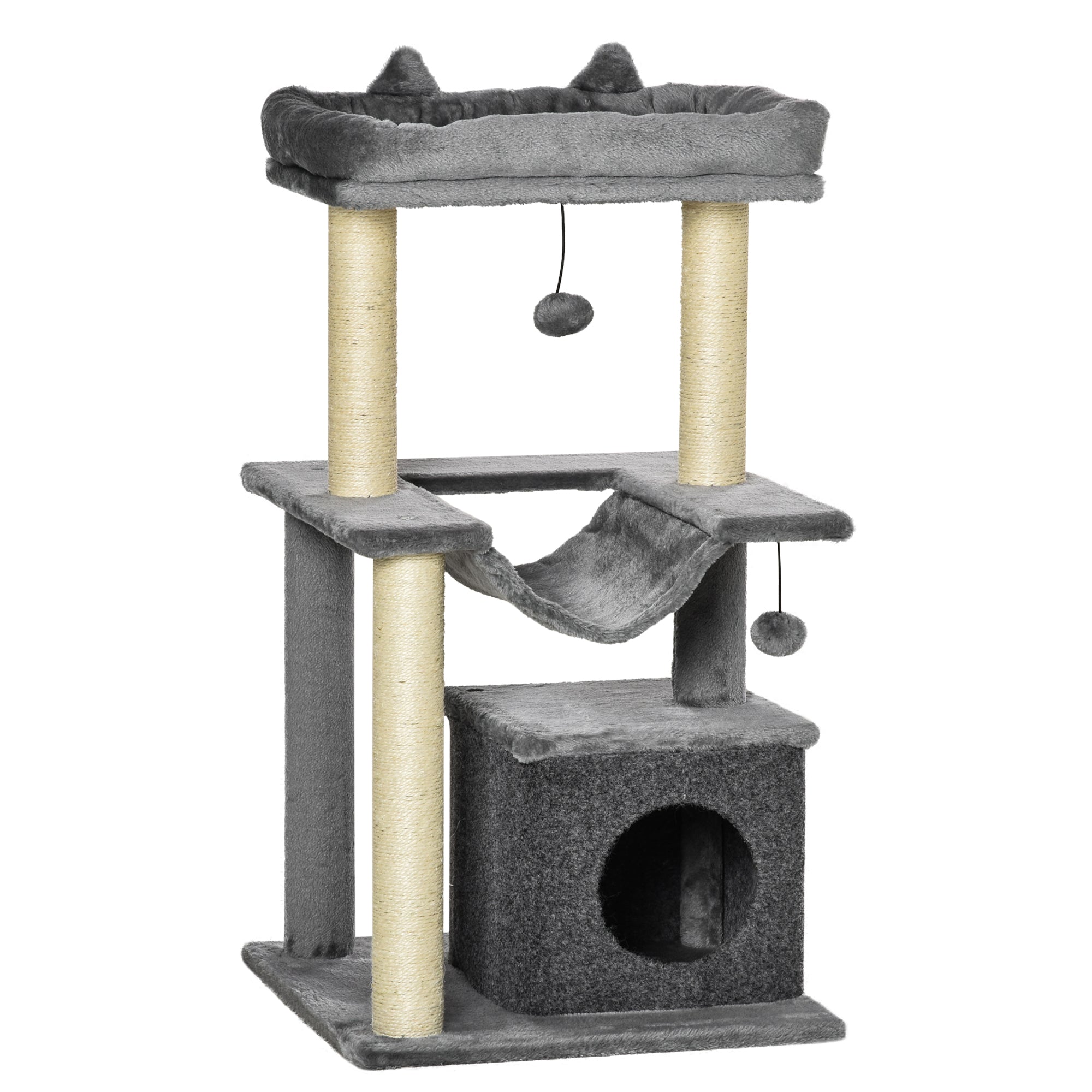Cat Tree, 90cm Cat Tower with Sisal Scratching Posts, Cat Condo, Hammock, Top Perch and 2 Hanging Toys for Indoor Cats, Grey
