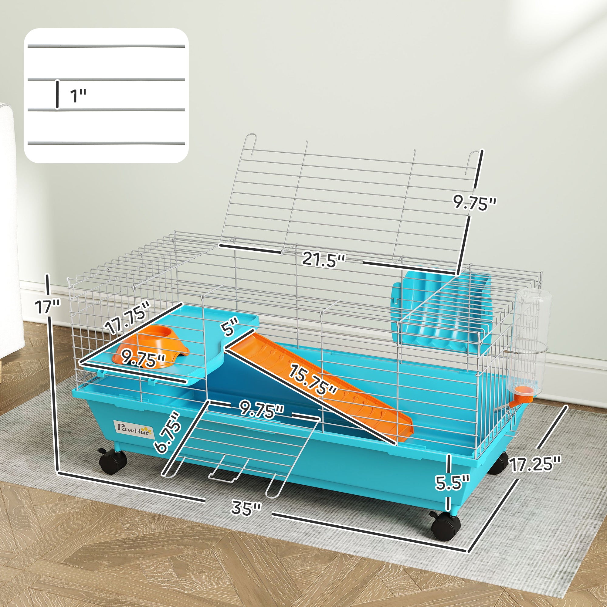 35"L Small Animal Cage, Rolling Bunny Cage, Guinea Pig Cage with Wheels, Food Dish, Water Bottle, Hay Feeder, Platform, Ramp for Chinchilla, Blue