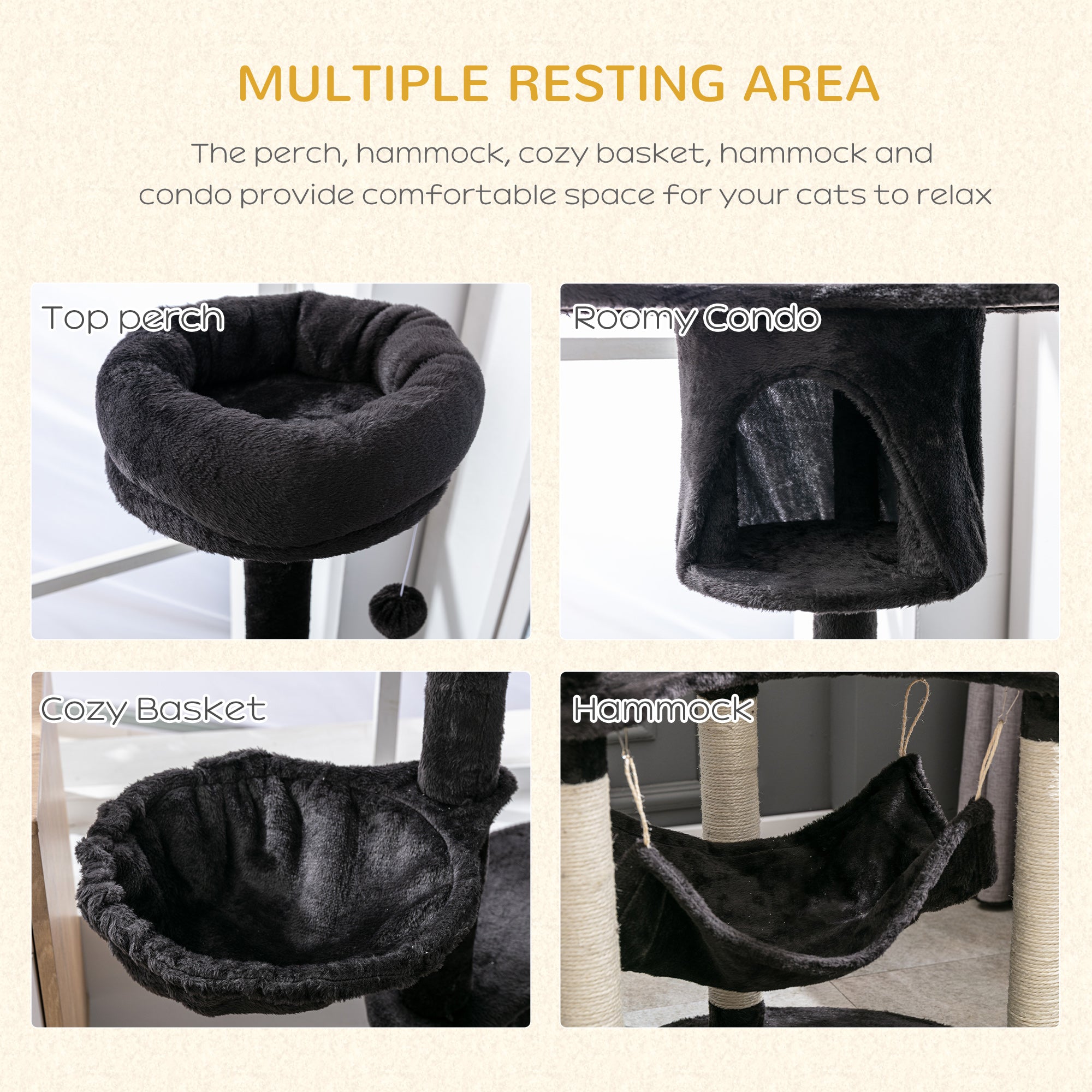 60 Inch Cat Tree for Large Cats Adult, Tall Cat Tower with Scratching Posts and 2 Hammocks, Multi-Level Plush Kitten Condo for Indoor Cats with Dangling Balls, Dark Grey