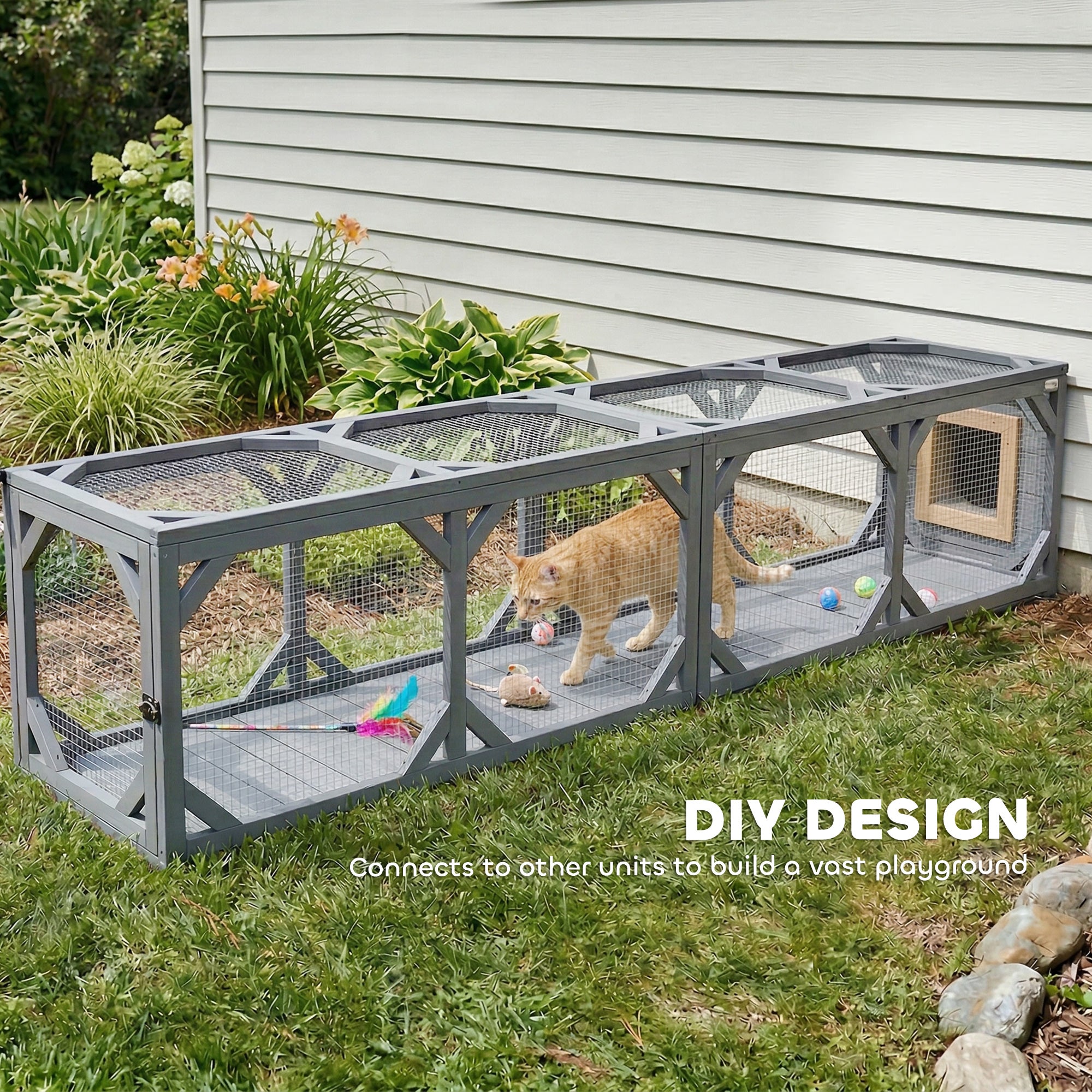 Cat Tunnel, Wooden Catio Outdoor Cat Enclosure with 2 Doors and Extendable Design, Wall-Mounted Pet Run for Indoor/Outdoor Use, Grey