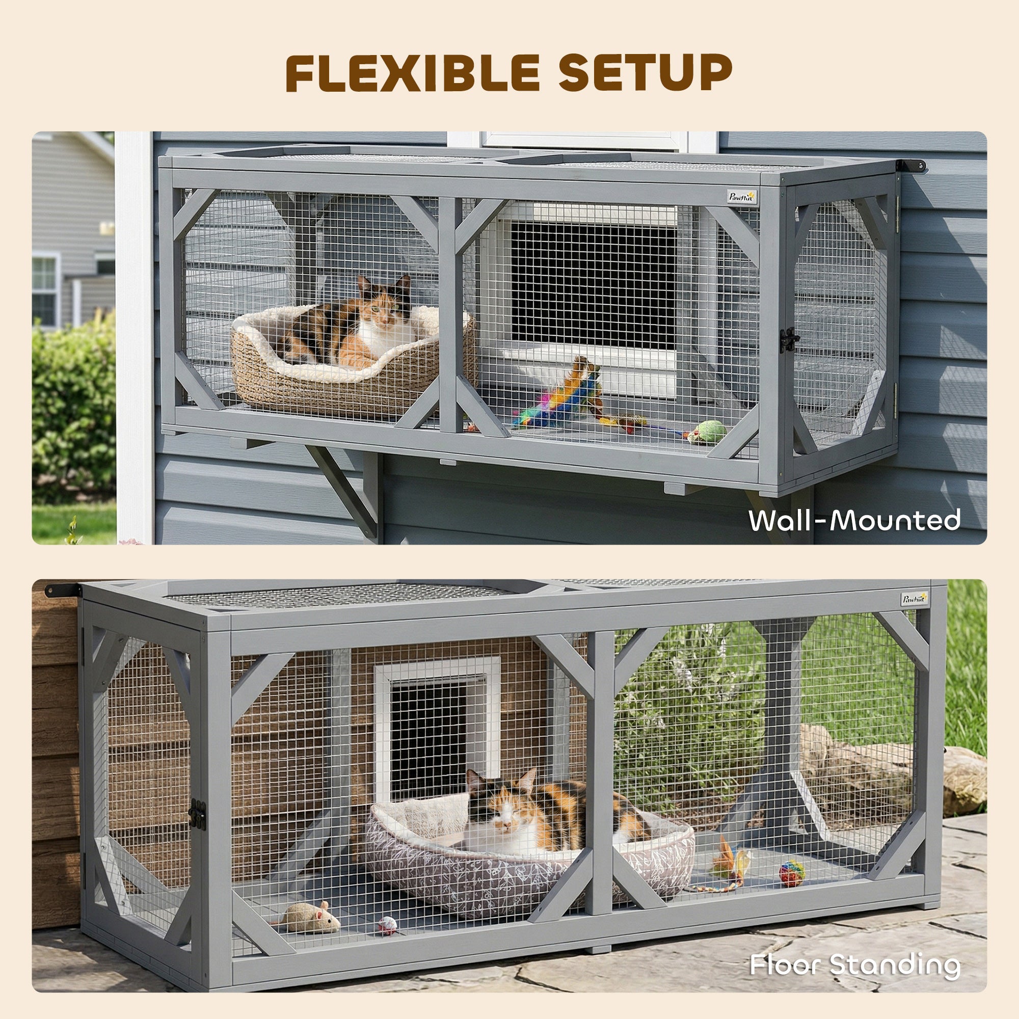 Cat Tunnel, Wooden Catio Outdoor Cat Enclosure with 2 Doors and Extendable Design, Wall-Mounted Pet Run for Indoor/Outdoor Use, Grey