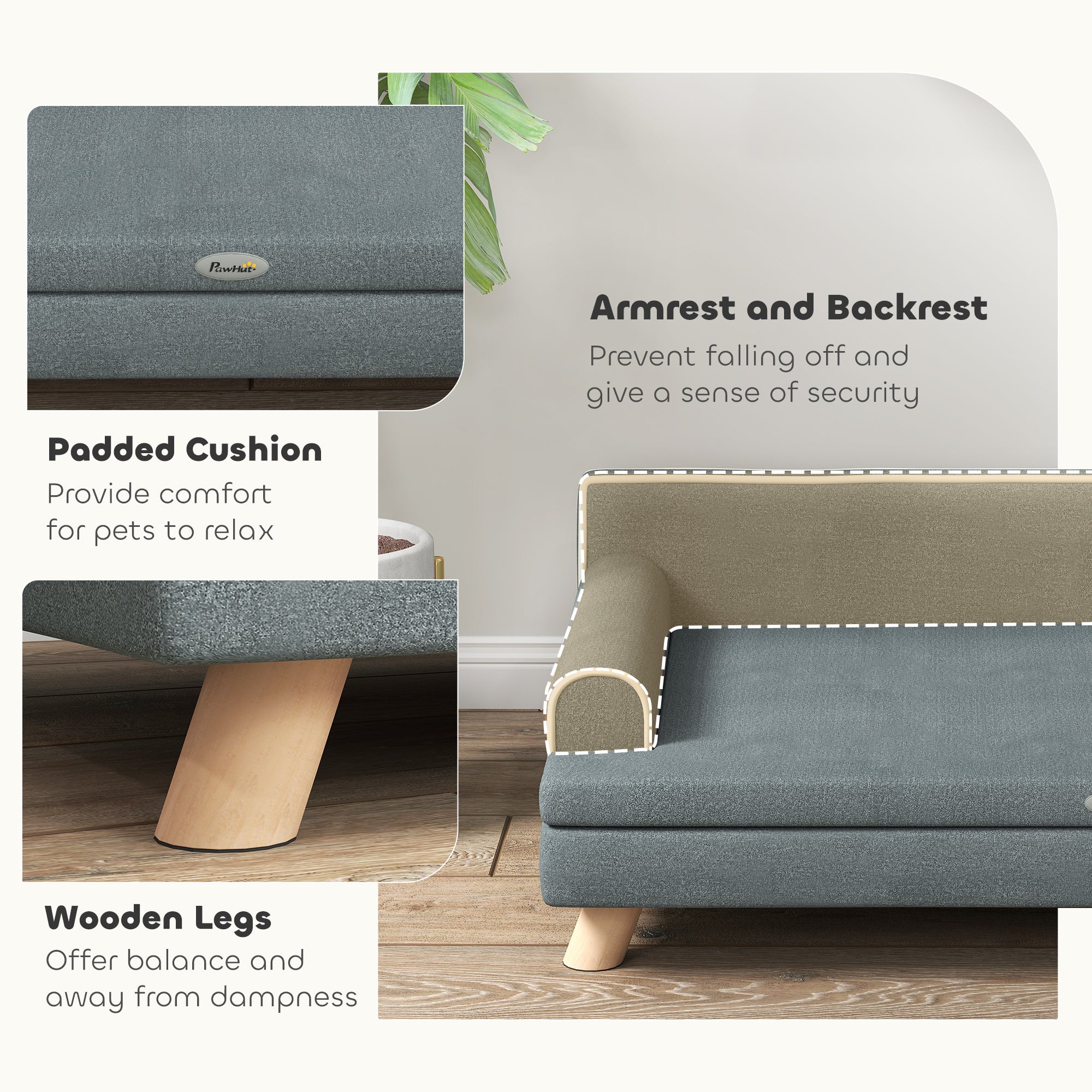 Dog Sofa, 39" Cat Couch with Removable Cushion, Washable Cover, Wooden Legs, Elevated Pet Cat Sofa for Medium & Large Dogs, Dark Grey