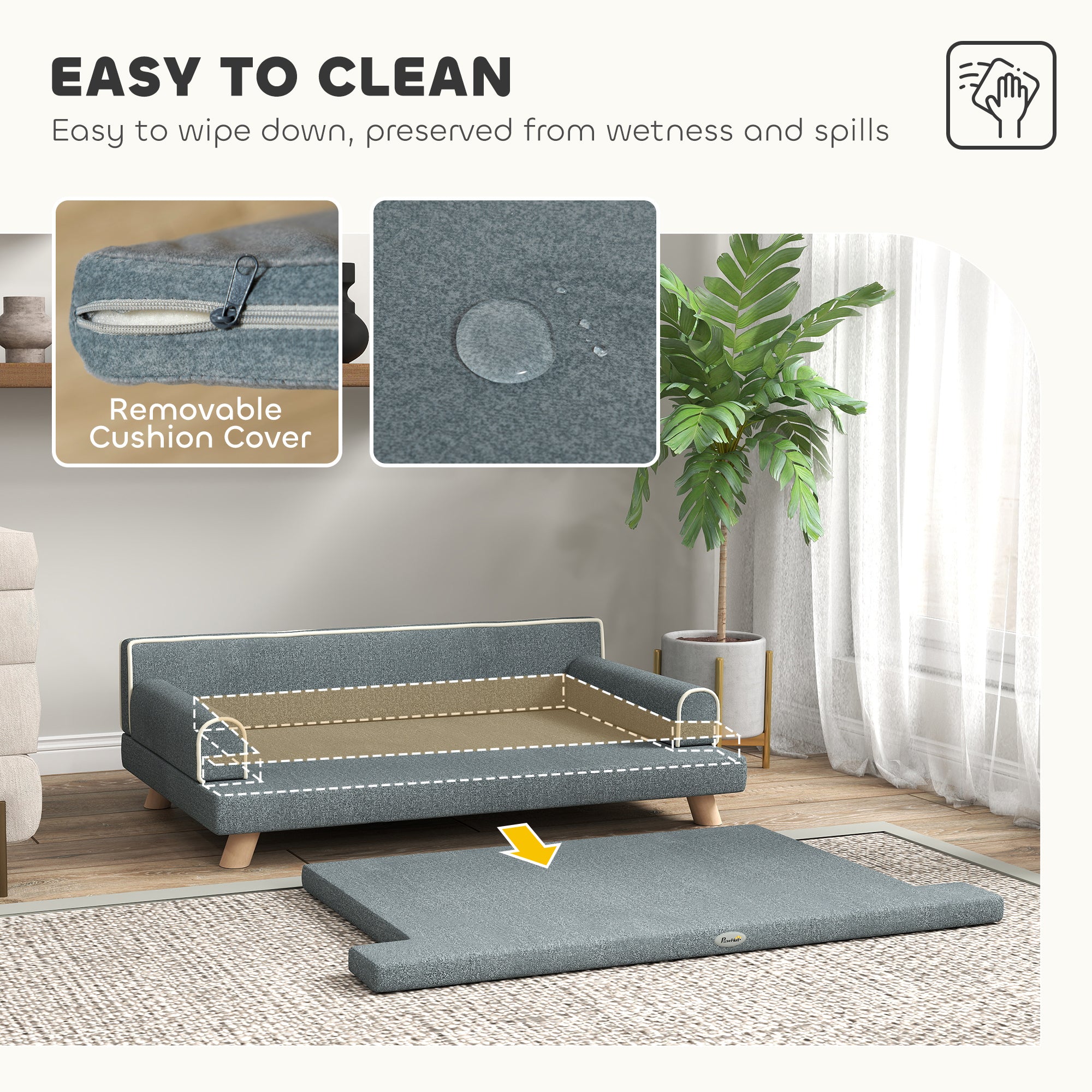Dog Sofa, 39" Cat Couch with Removable Cushion, Washable Cover, Wooden Legs, Elevated Pet Cat Sofa for Medium & Large Dogs, Dark Grey