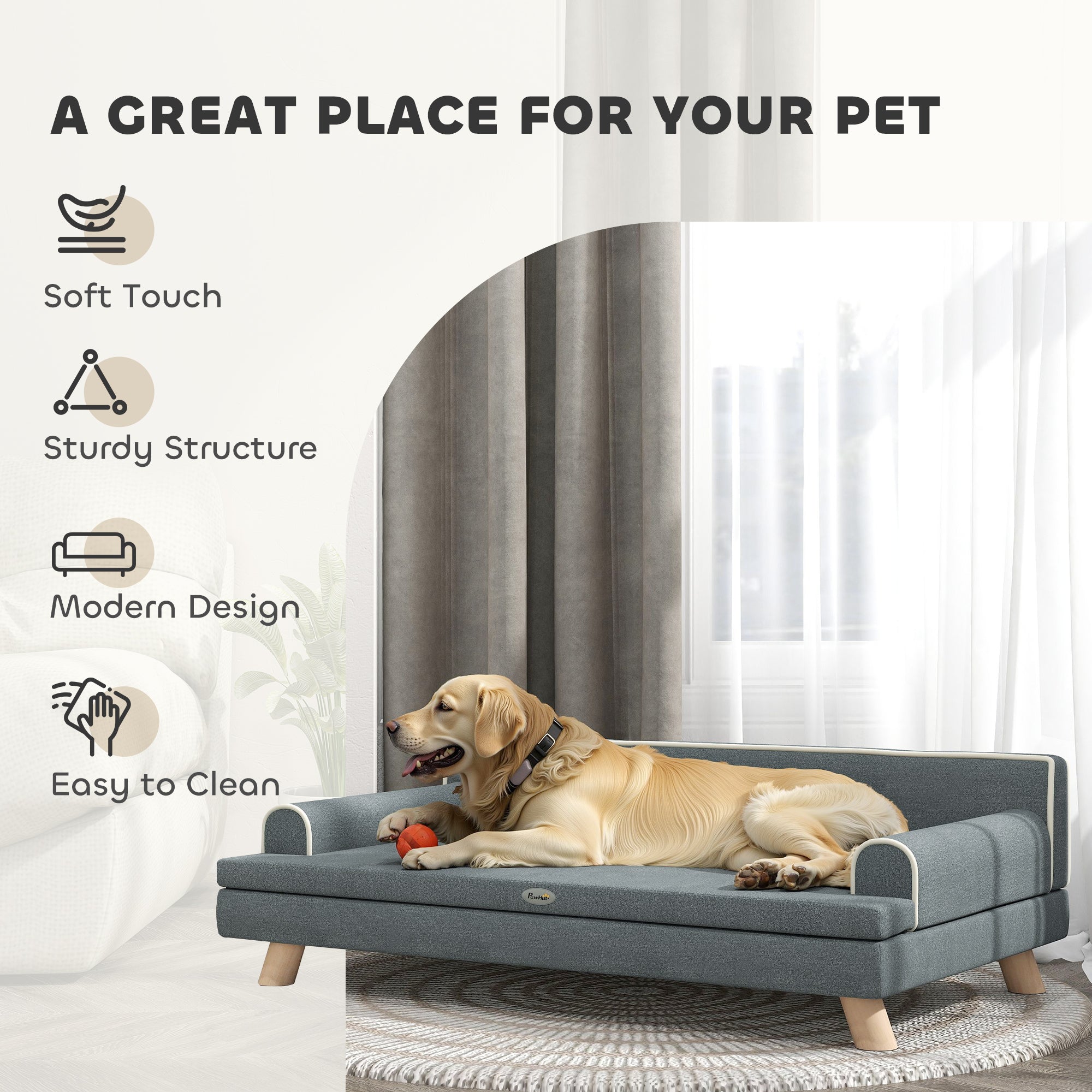 Dog Sofa, 39" Cat Couch with Removable Cushion, Washable Cover, Wooden Legs, Elevated Pet Cat Sofa for Medium & Large Dogs, Dark Grey