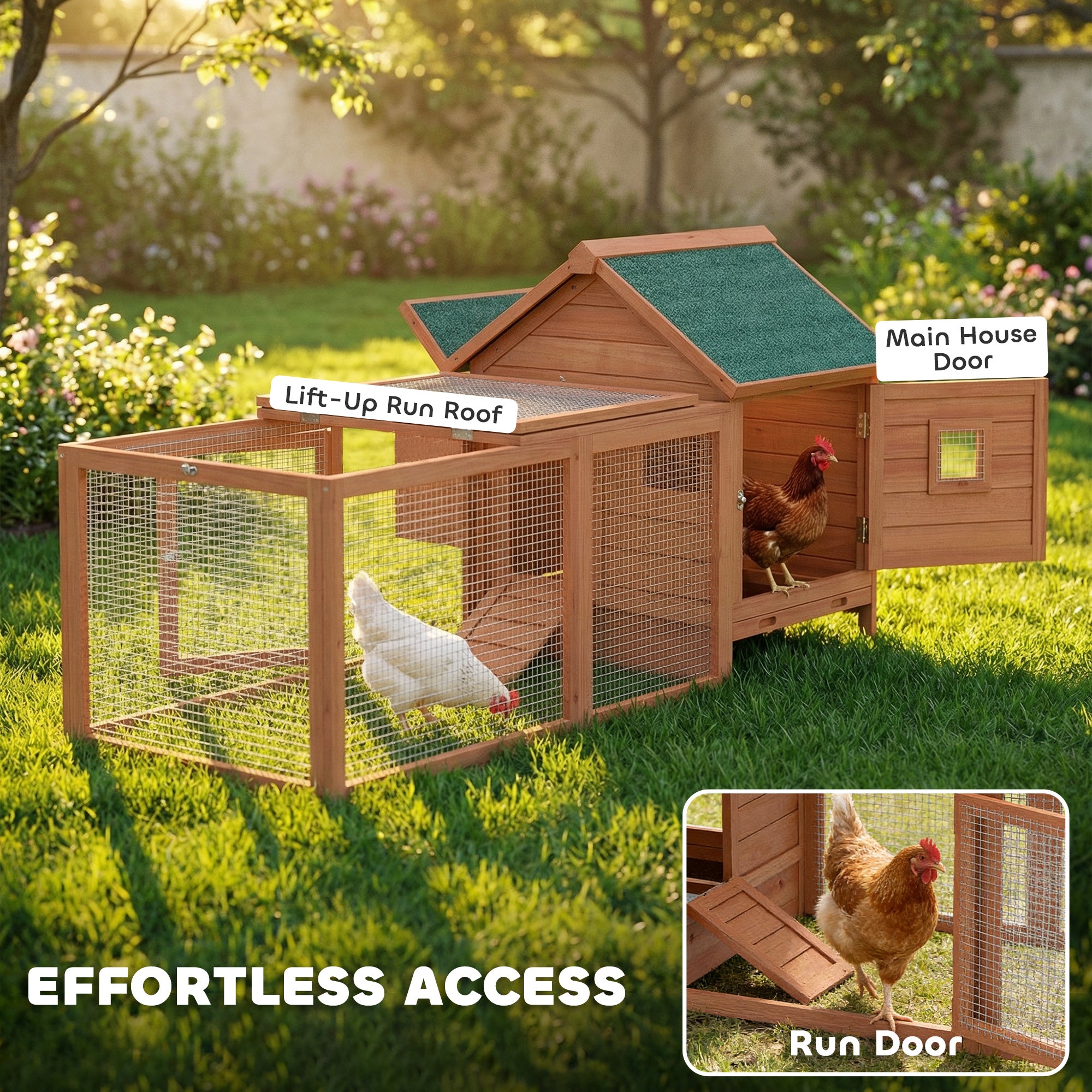 72" Chicken Coop, Wooden Hen House for 2 Chickens, Poultry Cage with Run, Nesting Box, Removable Tray, Waterproof Roof, Ramp, Perch,Duck House Rabbit Hutch, Orange