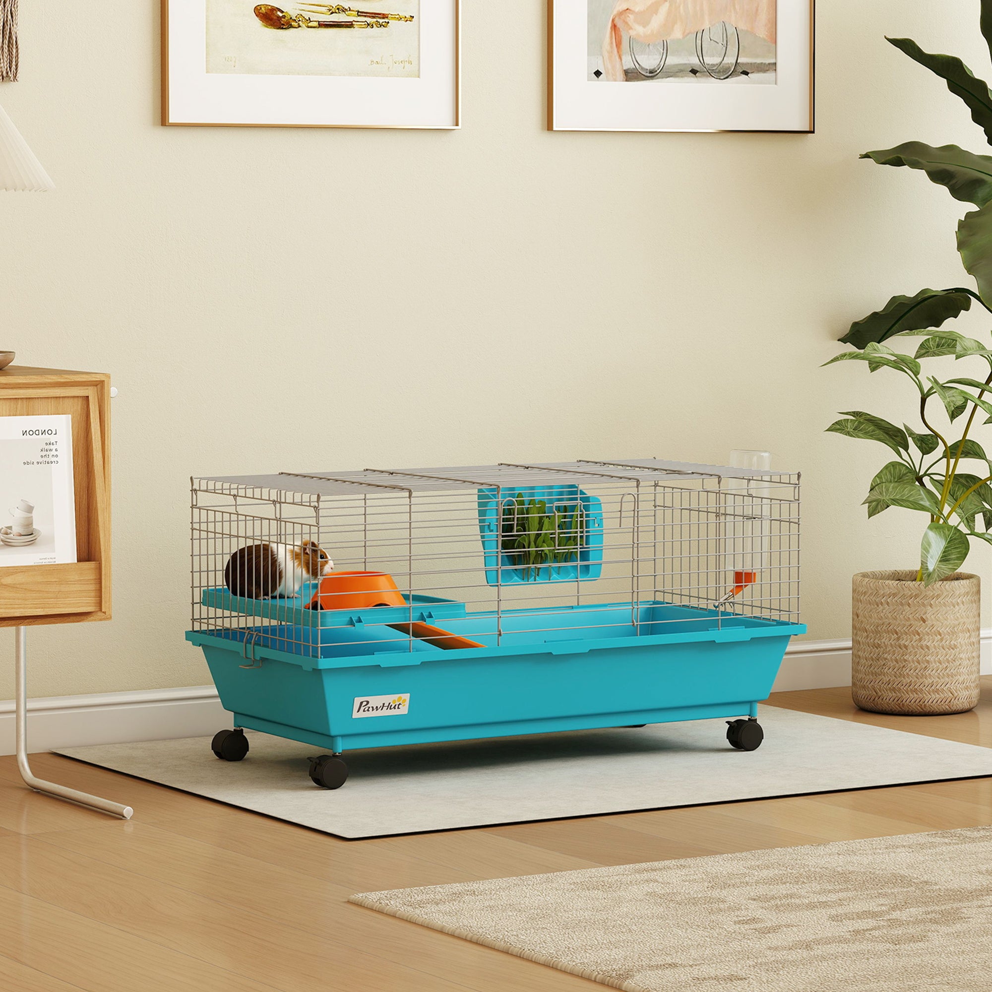 35"L Small Animal Cage, Rolling Bunny Cage, Guinea Pig Cage with Wheels, Food Dish, Water Bottle, Hay Feeder, Platform, Ramp for Chinchilla, Blue