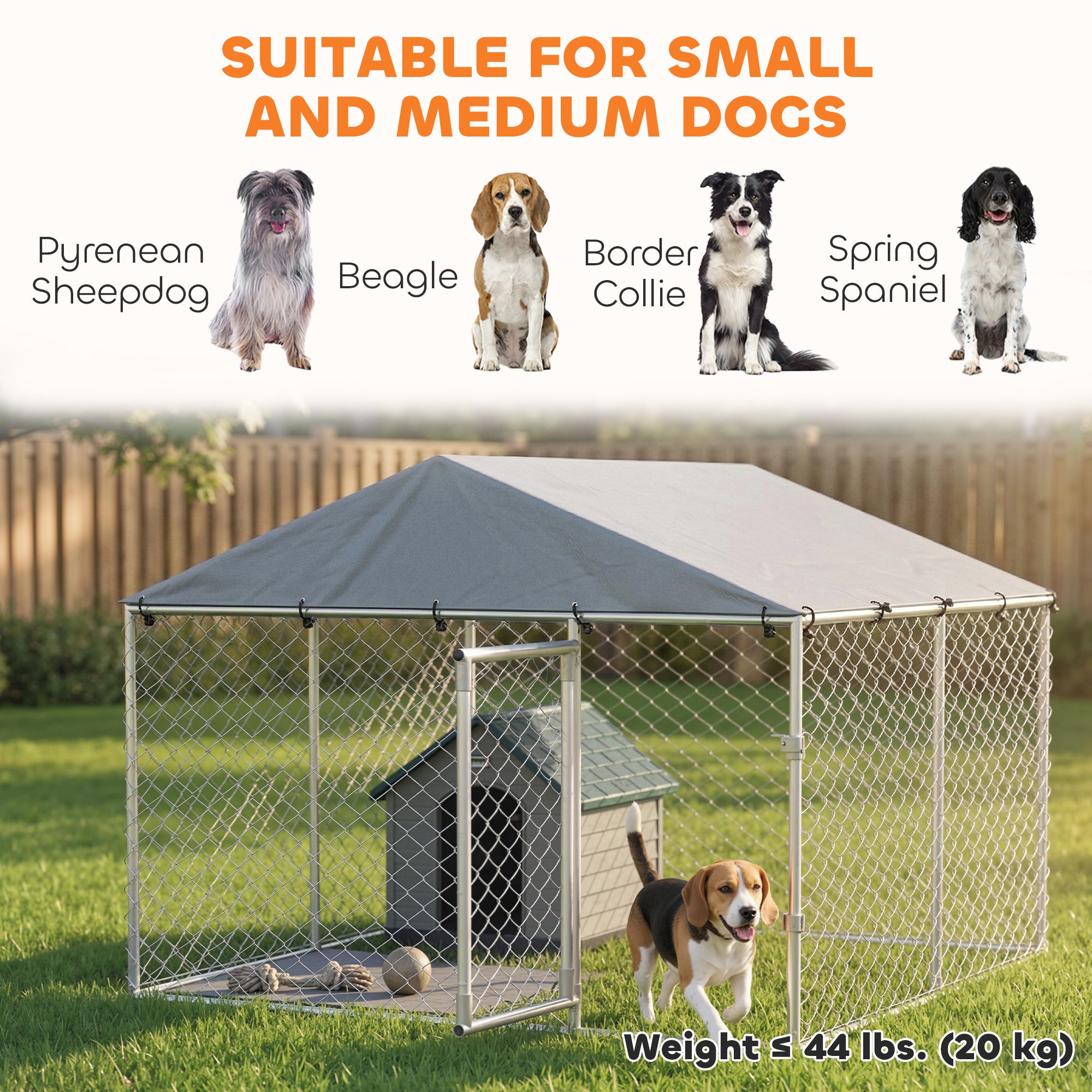 Outdoor Dog Kennel Dog Run with Waterproof, UV Resistant Cover, Dual Lock and Flexible Door for Small and Medium Sized Dogs, Chickens, Ducks, 7.5' x 7.5' x 5.6', Silver