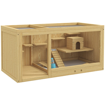 Wooden Hamster Cage with Water Bottle, Small Animal Exercise Play House with Platforms, Openable Roof, Sliding Tray, Hut, Seesaws, Natural Wood Finish