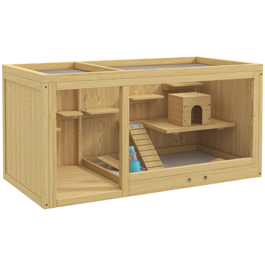 Wooden Hamster Cage with Water Bottle, Small Animal Exercise Play House with Platforms, Openable Roof, Sliding Tray, Hut, Seesaws, Natural Wood Finish