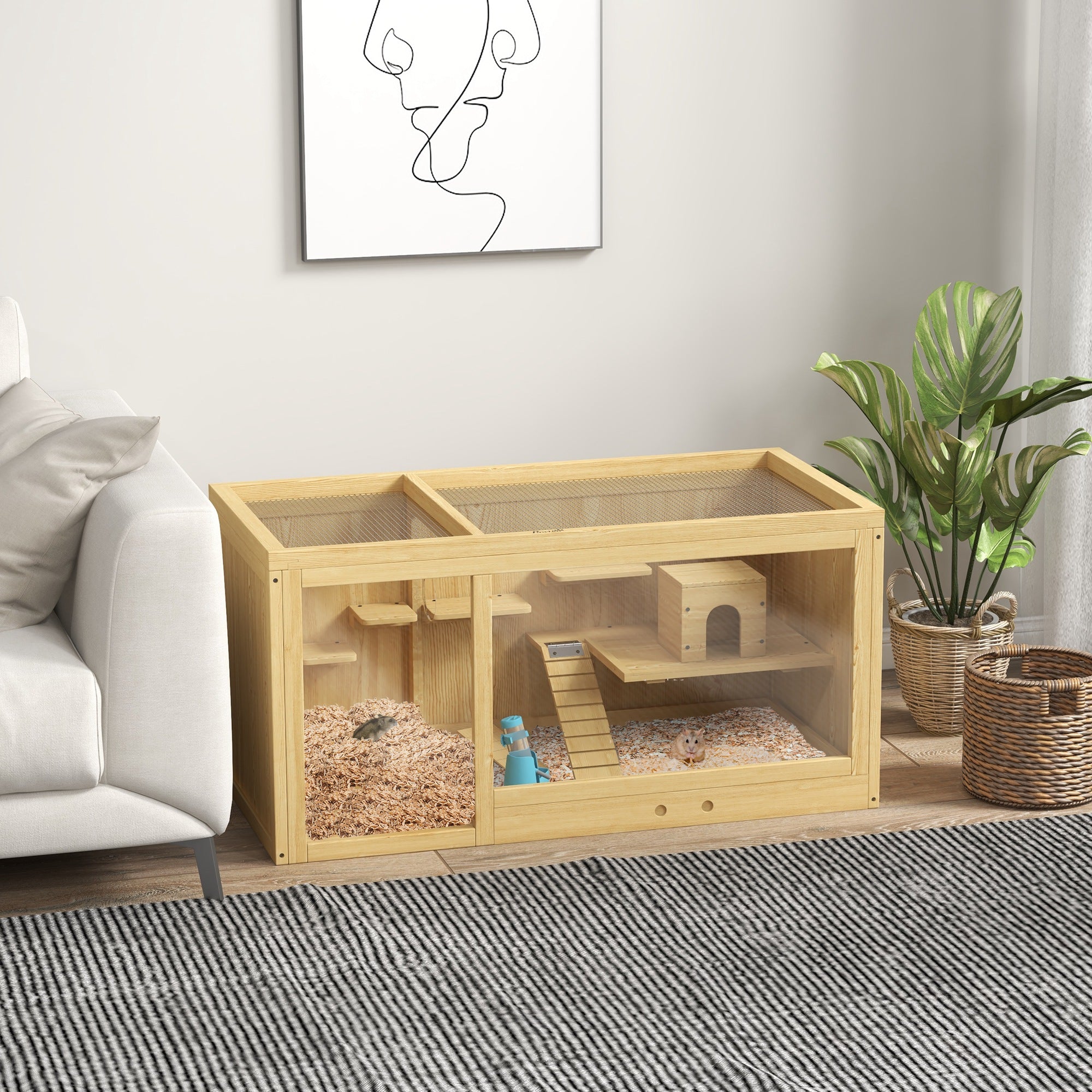 Wooden Hamster Cage with Water Bottle, Small Animal Exercise Play House with Platforms, Openable Roof, Sliding Tray, Hut, Seesaws, Natural Wood Finish