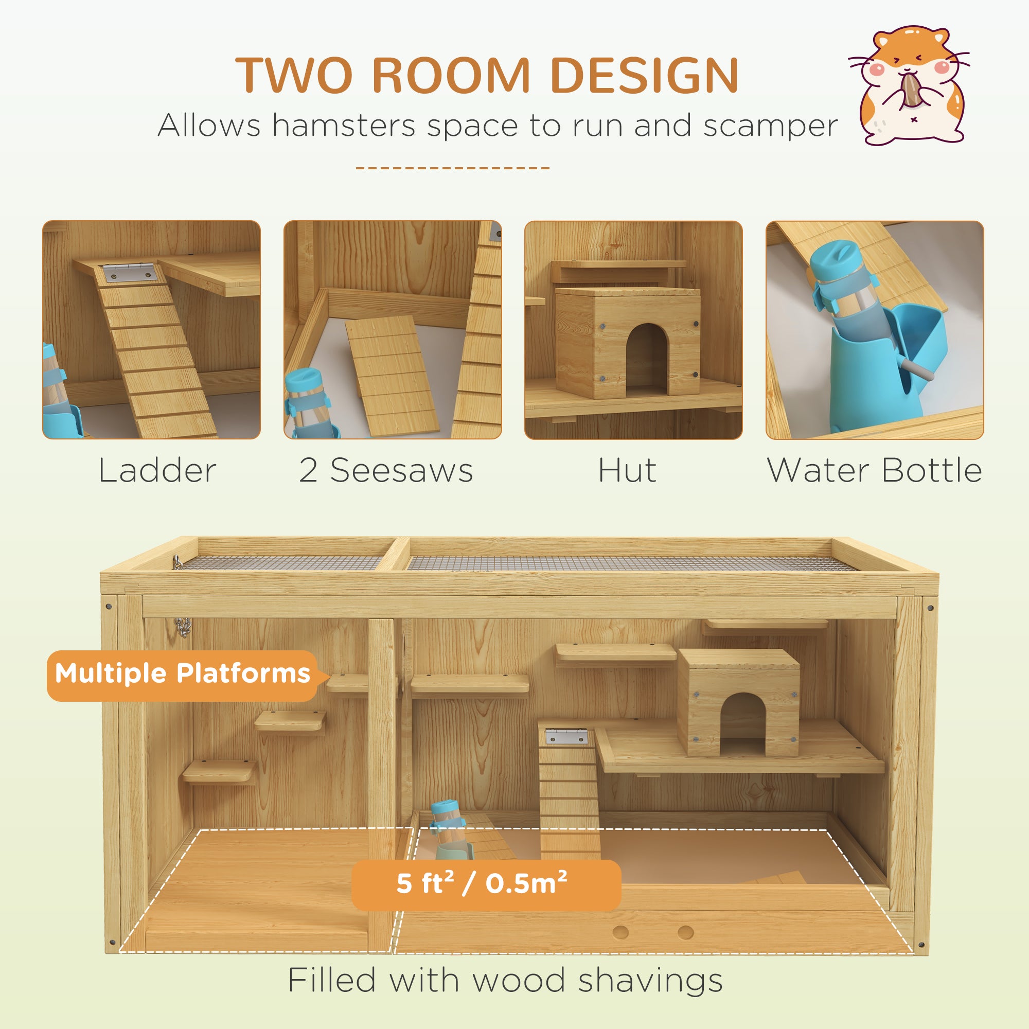 Wooden Hamster Cage with Water Bottle, Small Animal Exercise Play House with Platforms, Openable Roof, Sliding Tray, Hut, Seesaws, Natural Wood Finish