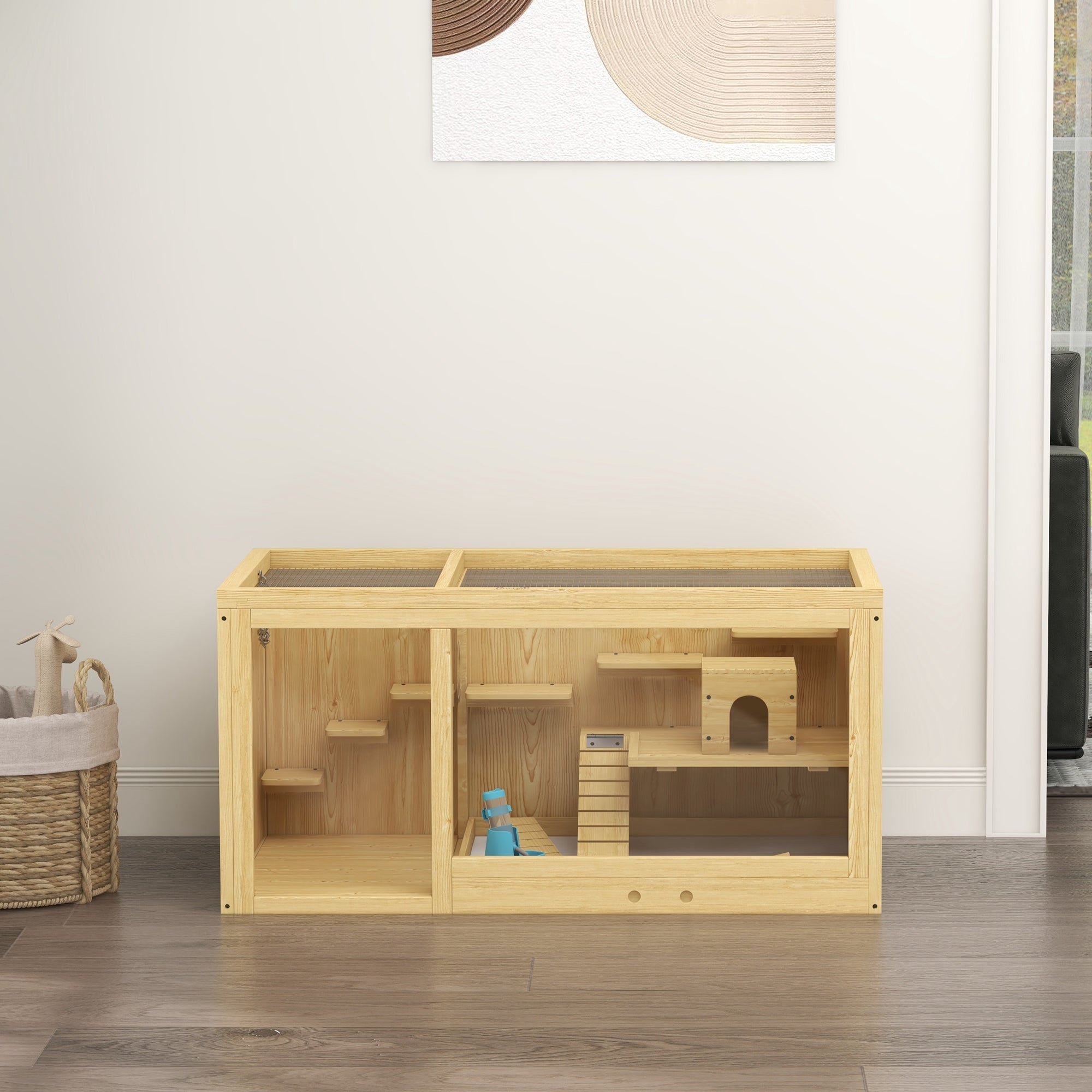 Wooden Hamster Cage with Water Bottle, Small Animal Exercise Play House with Platforms, Openable Roof, Sliding Tray, Hut, Seesaws, Natural Wood Finish
