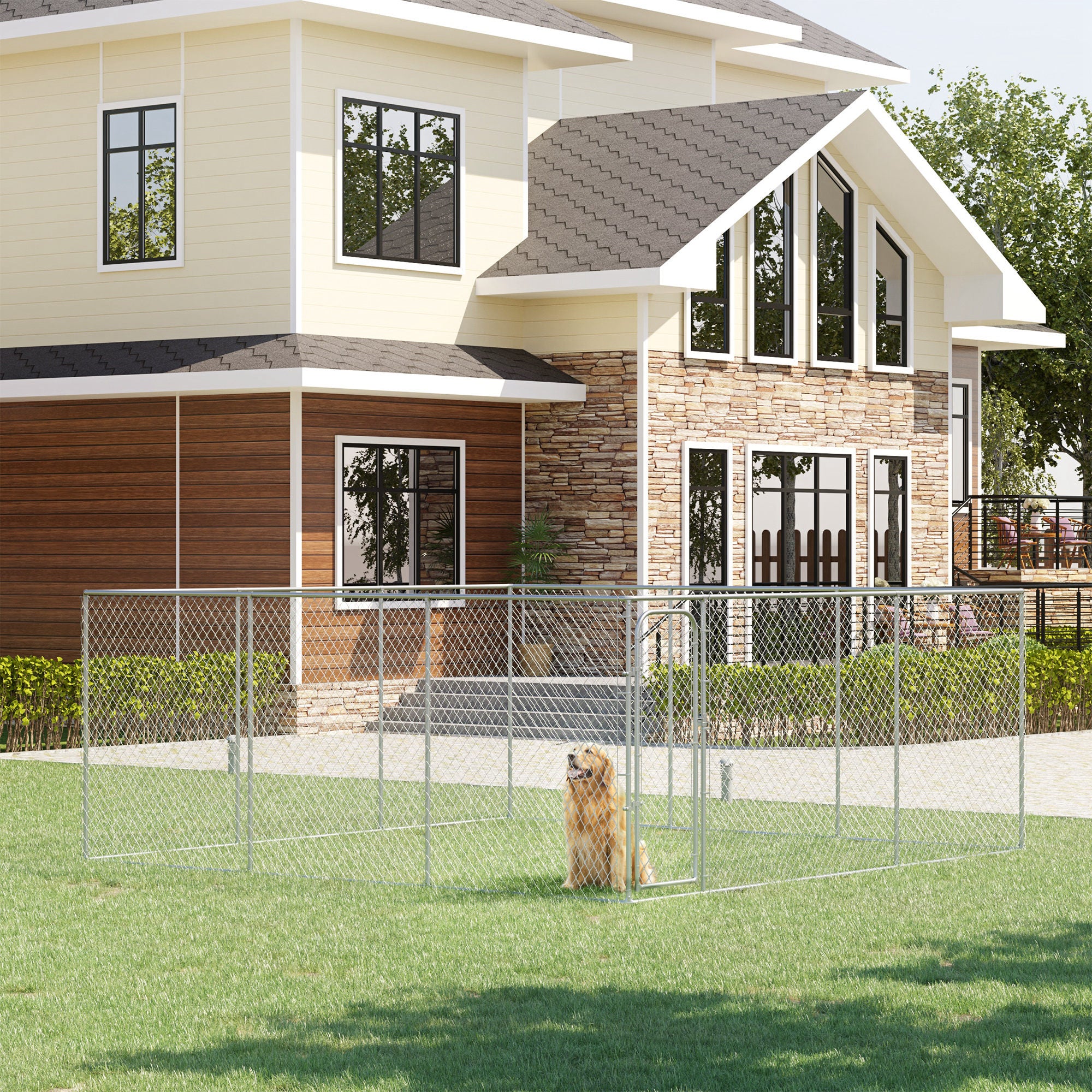PawHut 15.1'x15.1'x6' Galvanized Chain Link Dog Kennel with Secure