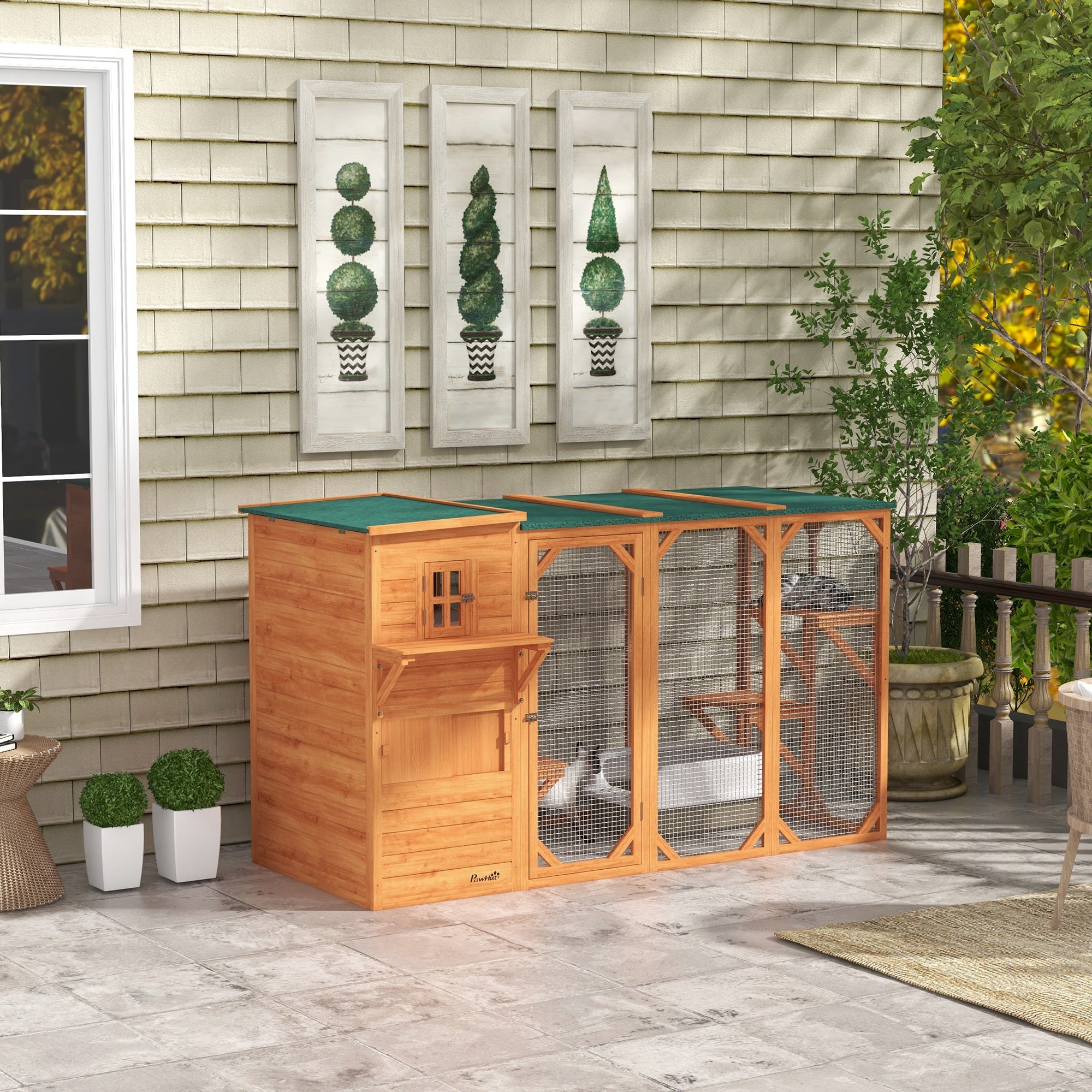 PawHut Catio Outdoor Cat Enclosure, Large Wood Kitten Cat House Enclosure with 3-Level Design, Weatherproof Roof, Big Hiding Areas, Multiple Platforms, Resting Box, 45"H, Orange