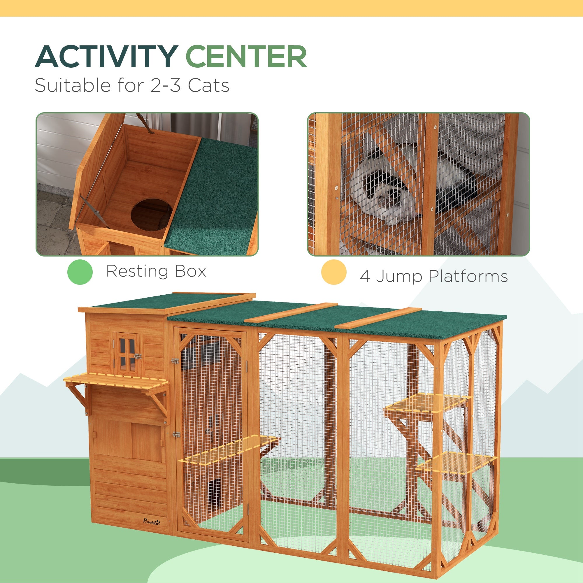 PawHut Catio Outdoor Cat Enclosure, Large Wood Kitten Cat House Enclosure with 3-Level Design, Weatherproof Roof, Big Hiding Areas, Multiple Platforms, Resting Box, 45"H, Orange