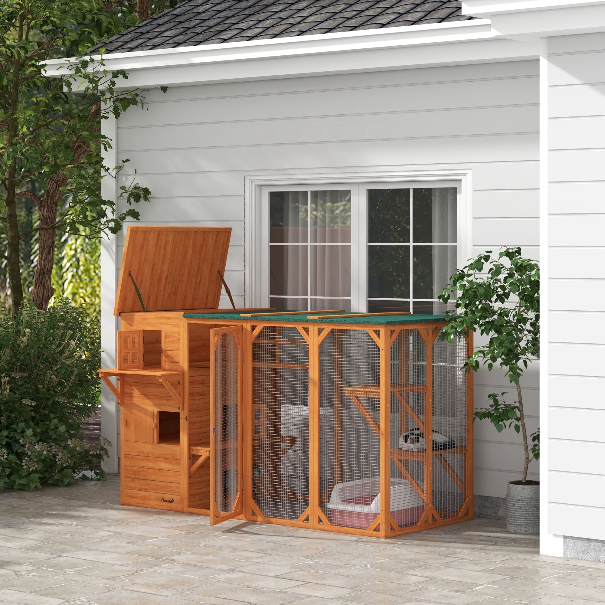 PawHut Catio Outdoor Cat Enclosure, Large Wood Kitten Cat House Enclosure with 3-Level Design, Weatherproof Roof, Big Hiding Areas, Multiple Platforms, Resting Box, 45"H, Orange