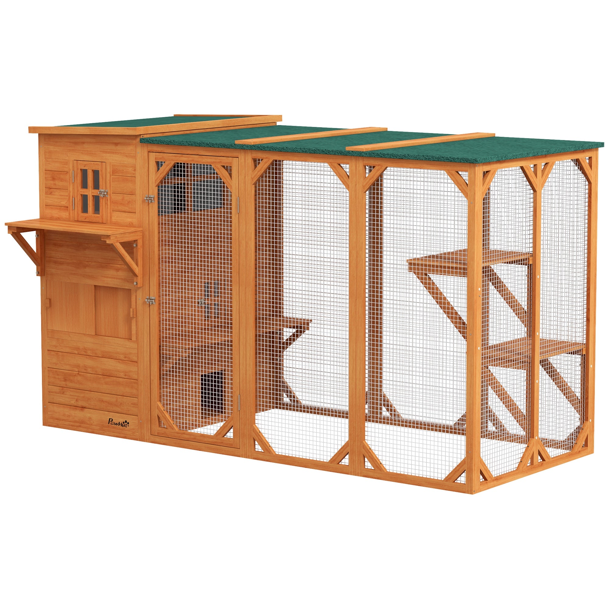 PawHut Catio Outdoor Cat Enclosure, Large Wood Kitten Cat House Enclosure with 3-Level Design, Weatherproof Roof, Big Hiding Areas, Multiple Platforms, Resting Box, 45"H, Orange