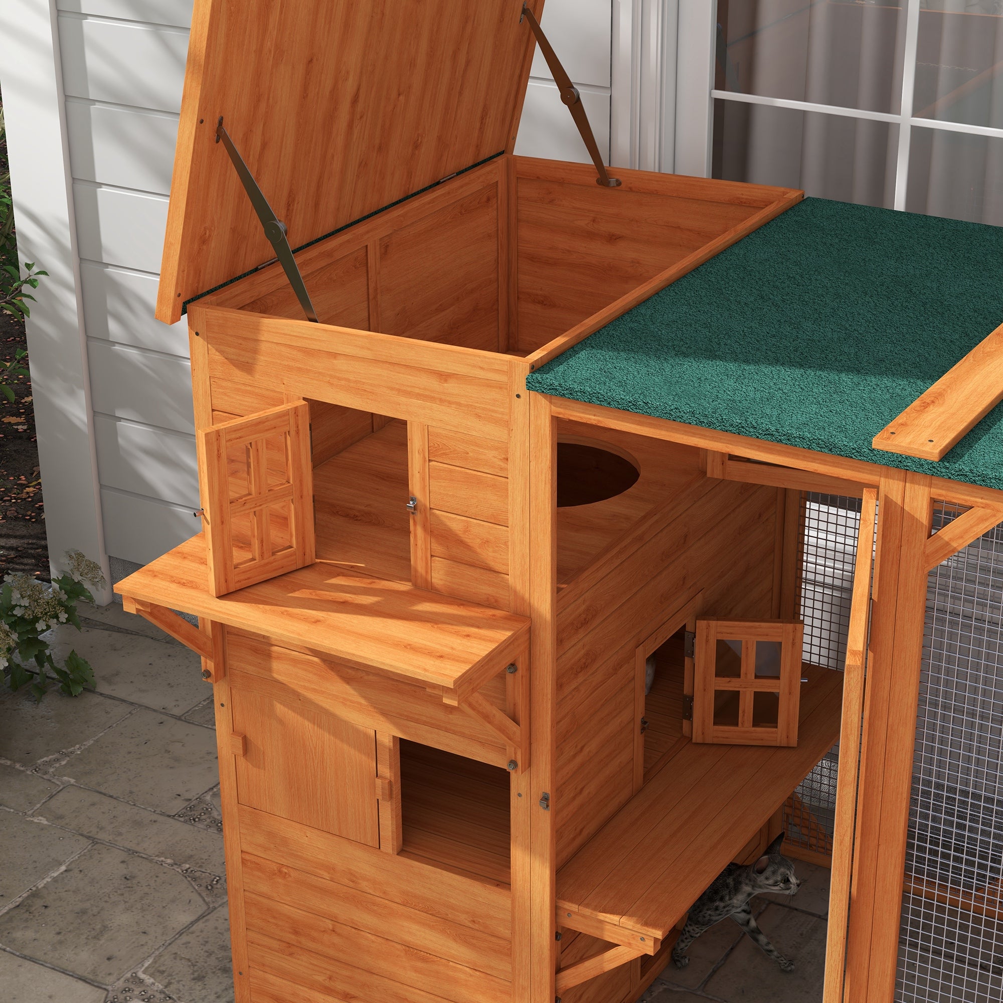 PawHut Catio Outdoor Cat Enclosure, Large Wood Kitten Cat House Enclosure with 3-Level Design, Weatherproof Roof, Big Hiding Areas, Multiple Platforms, Resting Box, 45"H, Orange