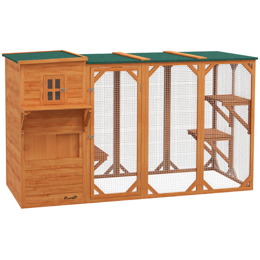 PawHut Catio Outdoor Cat Enclosure, Large Wood Kitten Cat House Enclosure with 3-Level Design, Weatherproof Roof, Big Hiding Areas, Multiple Platforms, Resting Box, 45"H, Orange