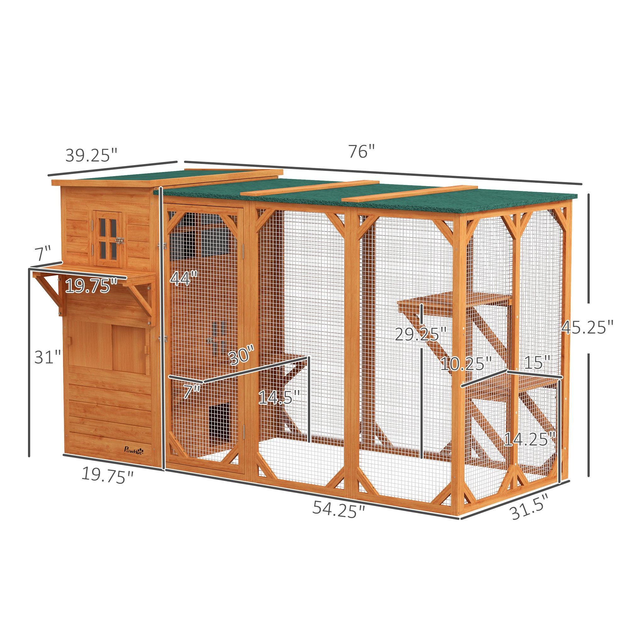PawHut Catio Outdoor Cat Enclosure, Large Wood Kitten Cat House Enclosure with 3-Level Design, Weatherproof Roof, Big Hiding Areas, Multiple Platforms, Resting Box, 45"H, Orange
